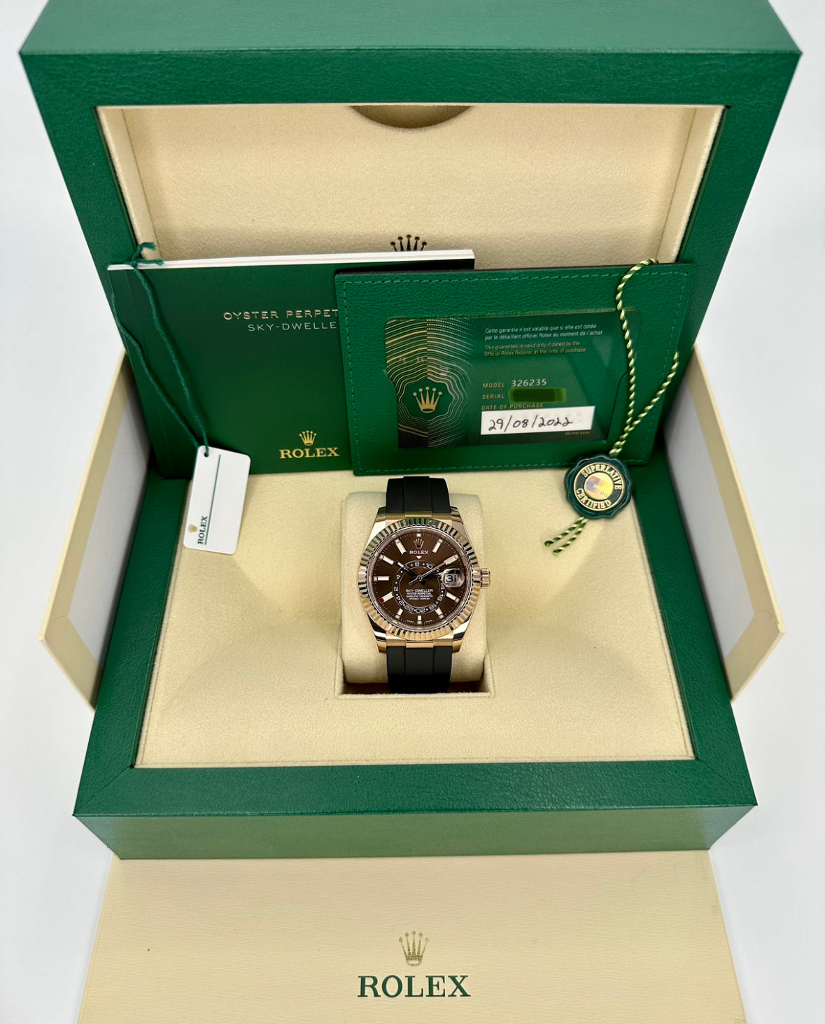 2022 Rolex Sky-Dweller 42mm 326235 Rose Gold Oysterflex Chocolate Dial - MyWatchLLC