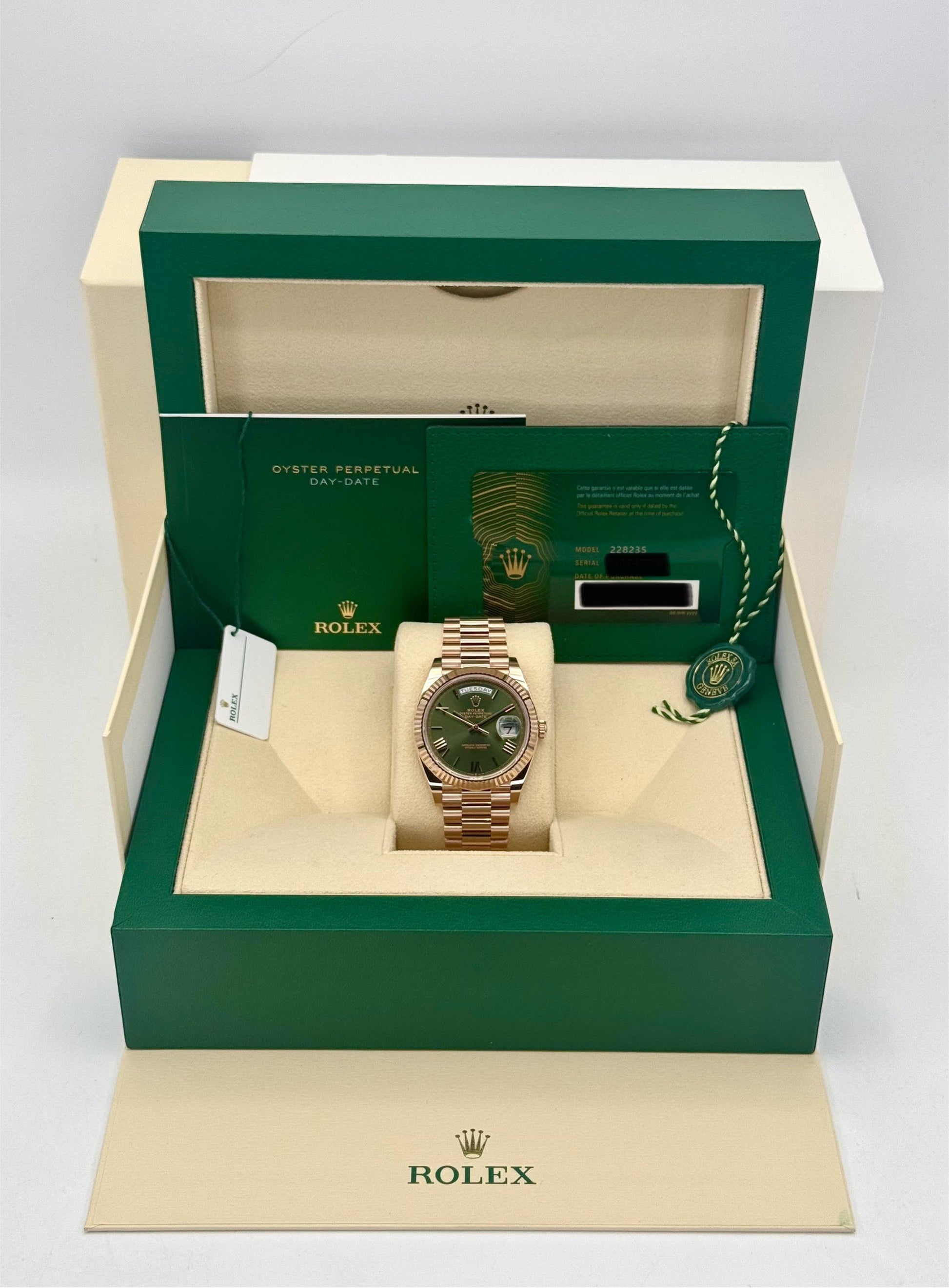 NEW 2025 Rolex Day-Date 40mm 228235 Presidential Rose Gold Olive Dial - MyWatchLLC