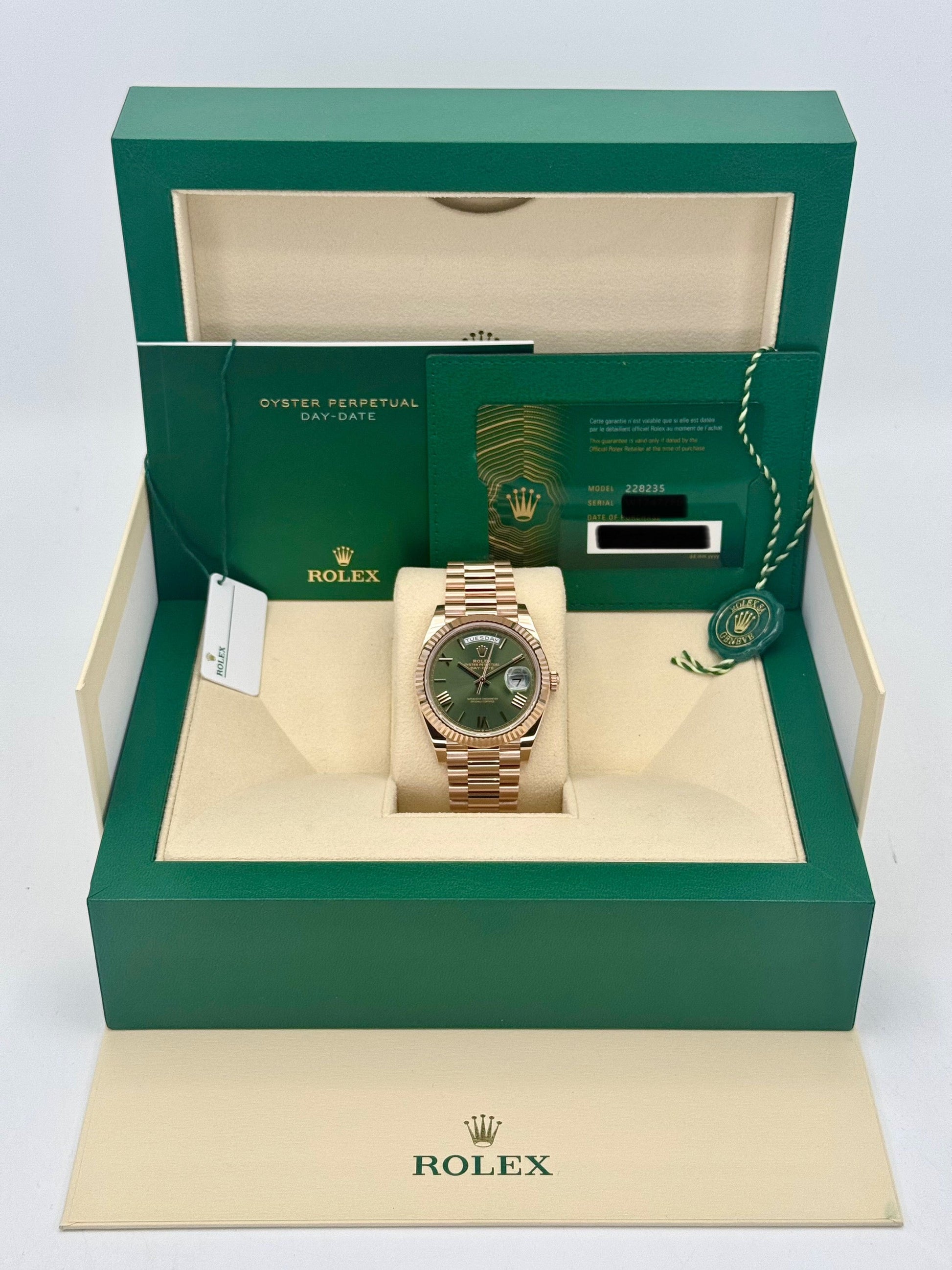 NEW 2025 Rolex Day-Date 40mm 228235 Presidential Rose Gold Olive Dial - MyWatchLLC