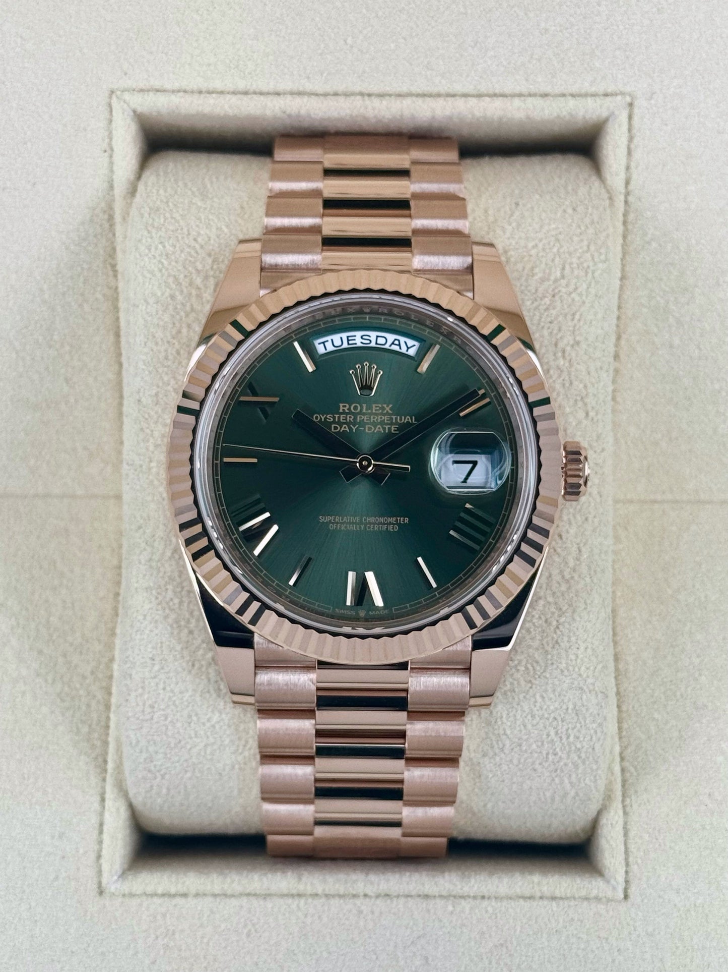 NEW 2025 Rolex Day-Date 40mm 228235 Presidential Rose Gold Olive Dial - MyWatchLLC