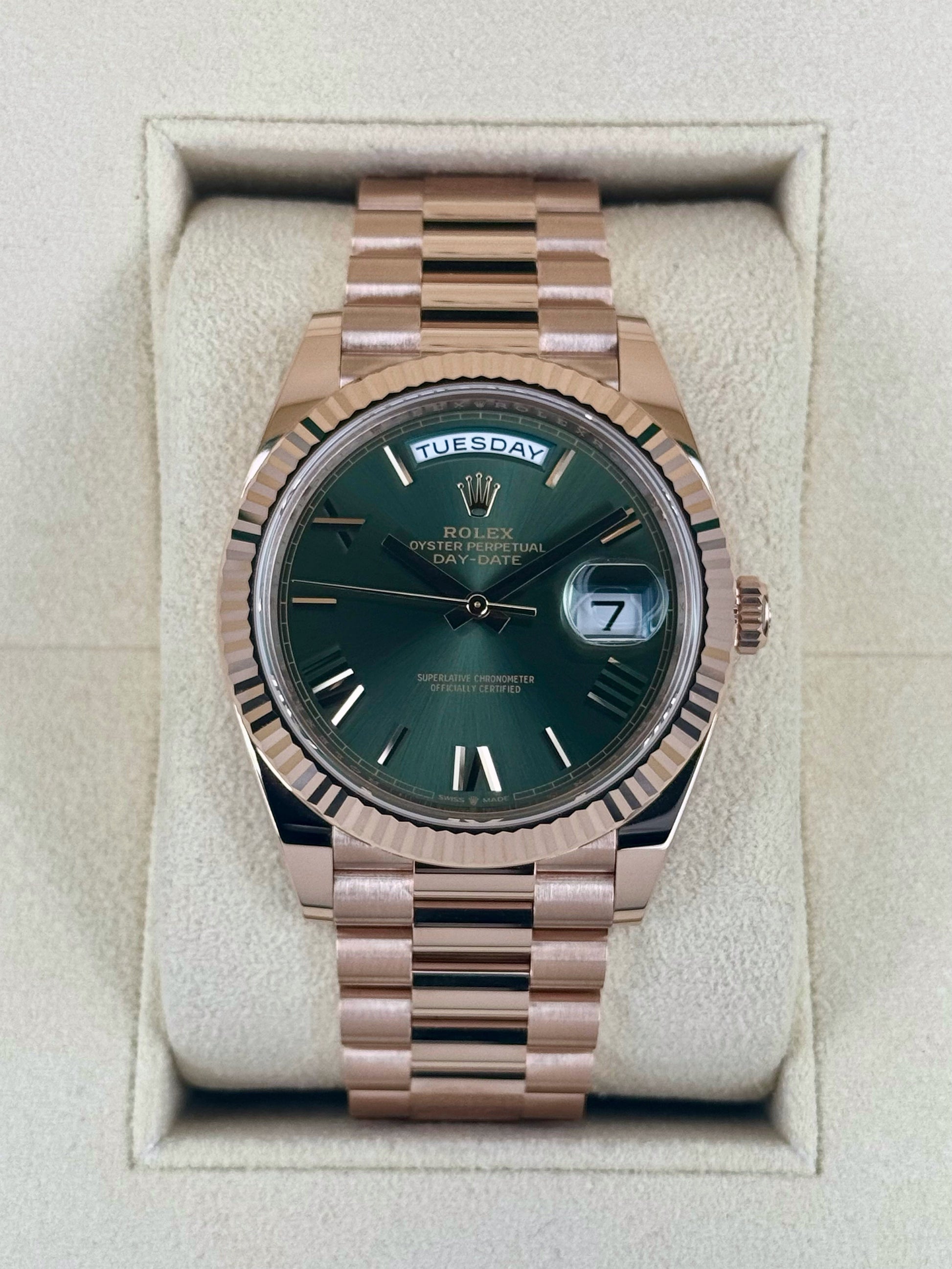 NEW 2025 Rolex Day-Date 40mm 228235 Presidential Rose Gold Olive Dial - MyWatchLLC