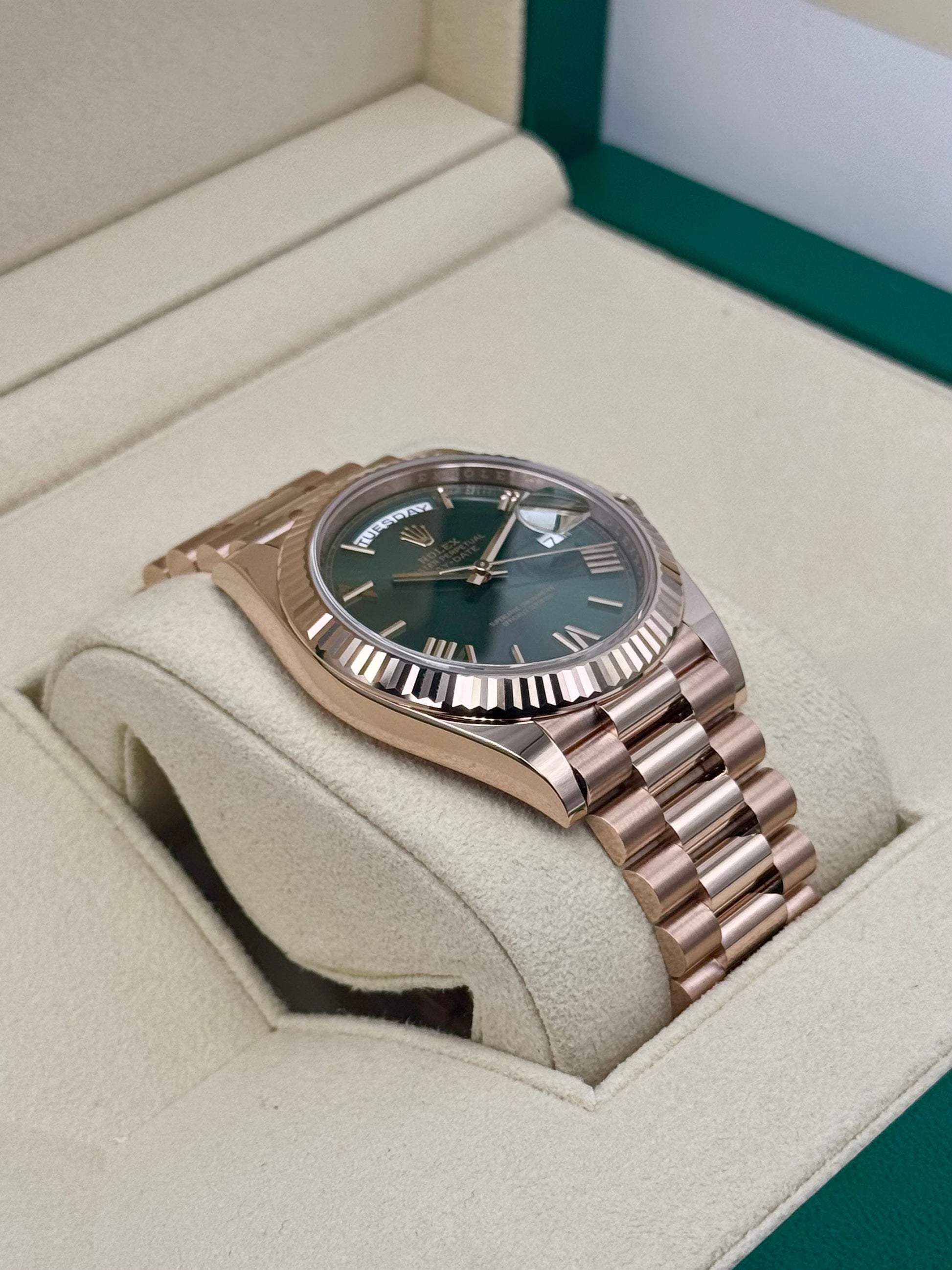 NEW 2025 Rolex Day-Date 40mm 228235 Presidential Rose Gold Olive Dial - MyWatchLLC