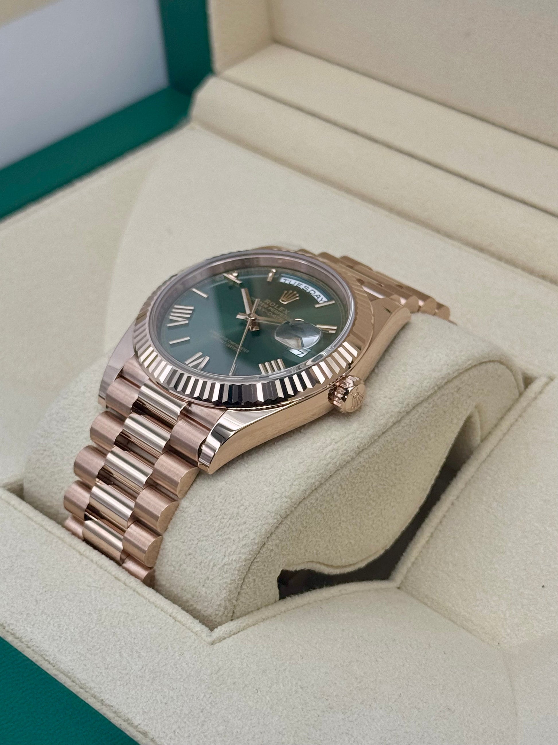 NEW 2025 Rolex Day-Date 40mm 228235 Presidential Rose Gold Olive Dial - MyWatchLLC