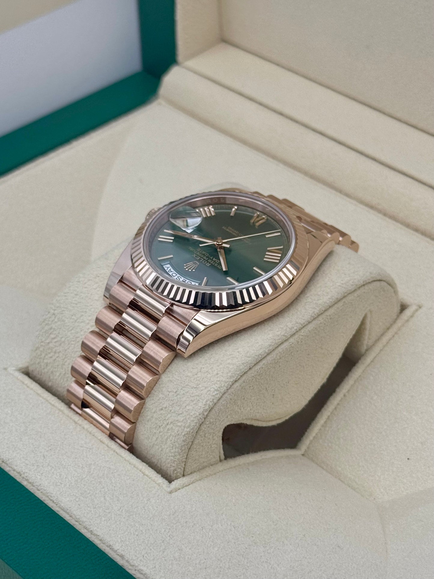 NEW 2025 Rolex Day-Date 40mm 228235 Presidential Rose Gold Olive Dial - MyWatchLLC