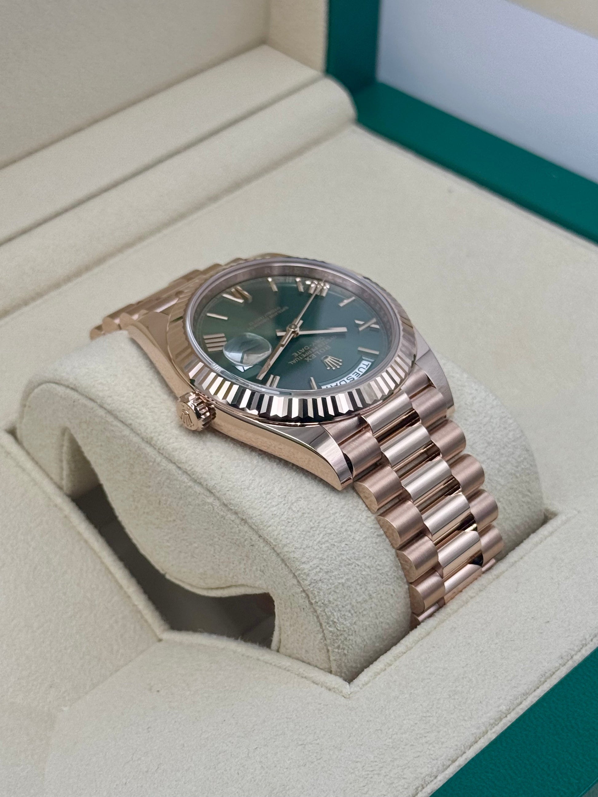 NEW 2025 Rolex Day-Date 40mm 228235 Presidential Rose Gold Olive Dial - MyWatchLLC