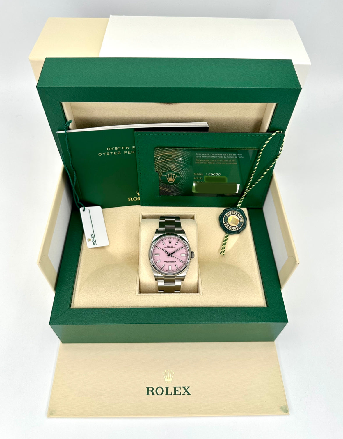 NEW 2023 Rolex Oyster Perpetual 36mm 126000 Candy Pink Stick Dial - MyWatchLLC