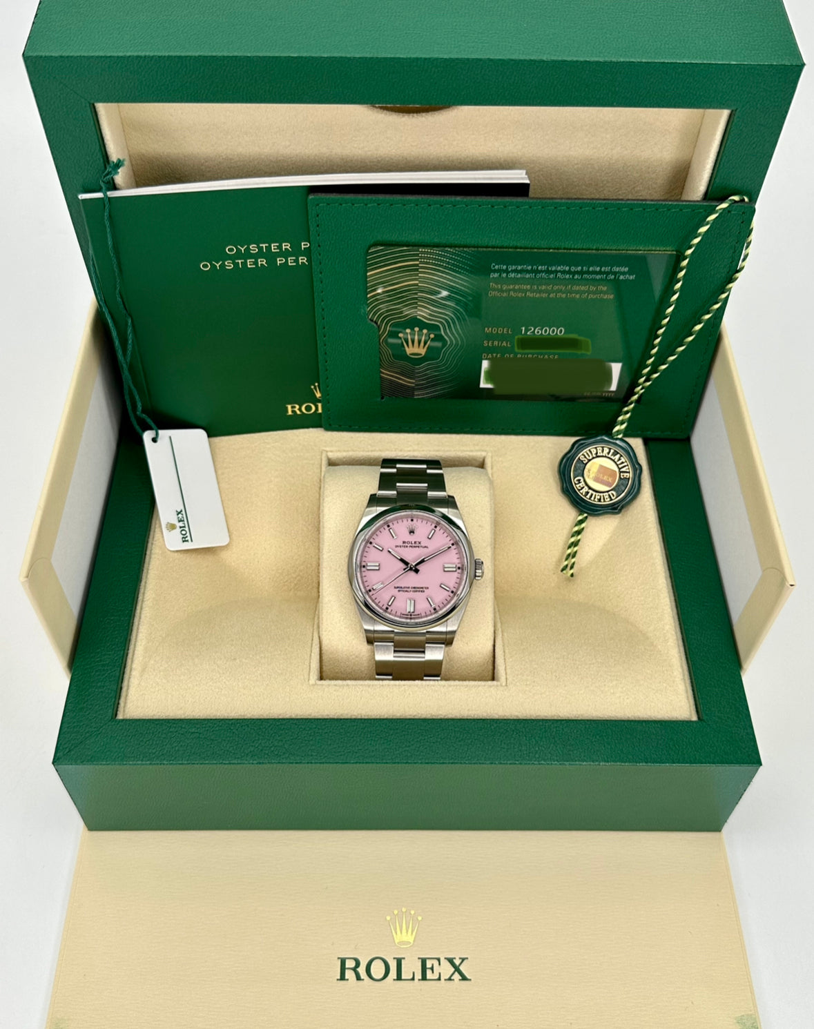 NEW 2023 Rolex Oyster Perpetual 36mm 126000 Candy Pink Stick Dial - MyWatchLLC