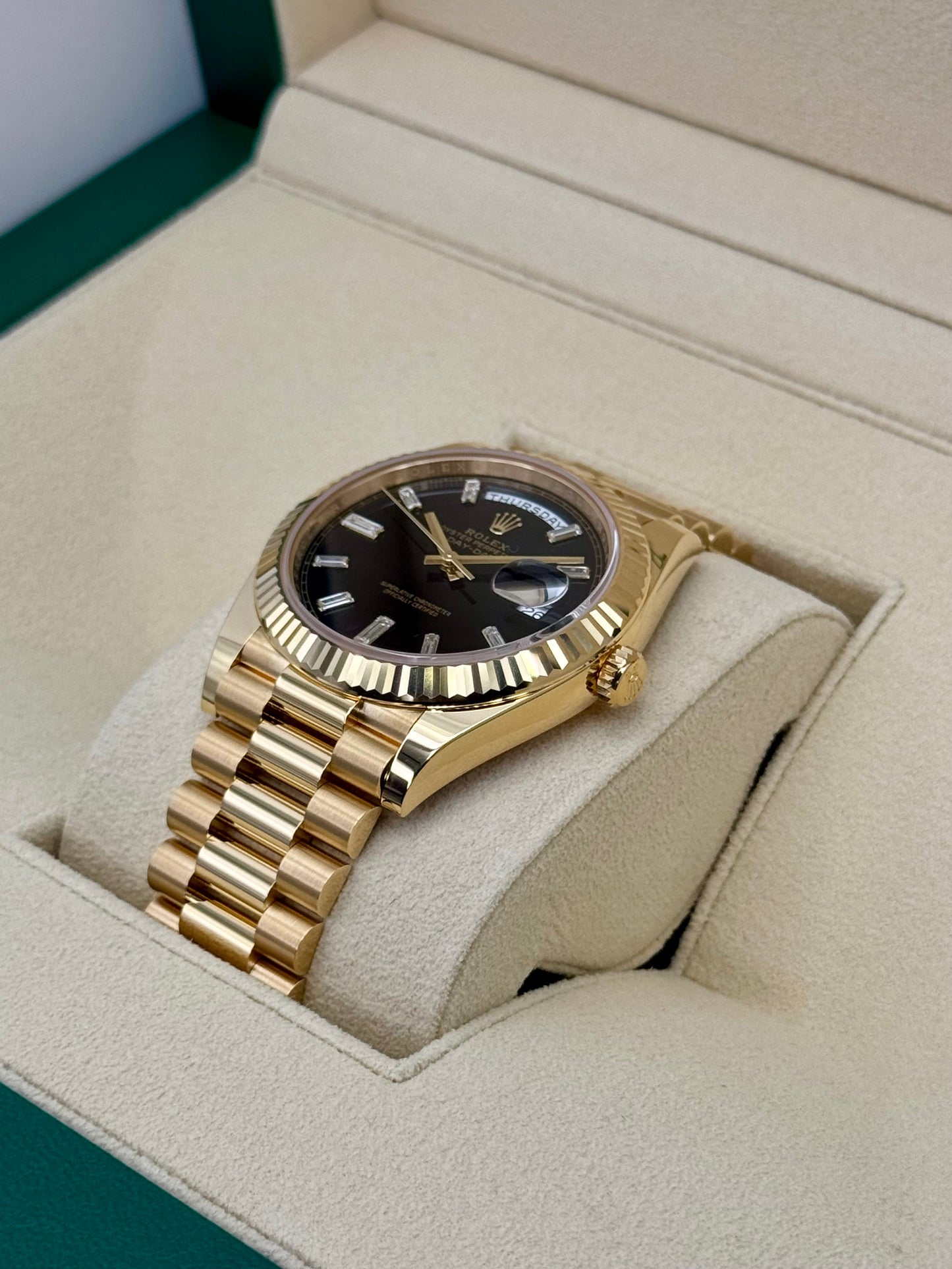 NEW 2024 Rolex Day-Date 40mm 228238 Black Diamond Baguette Dial - MyWatchLLC