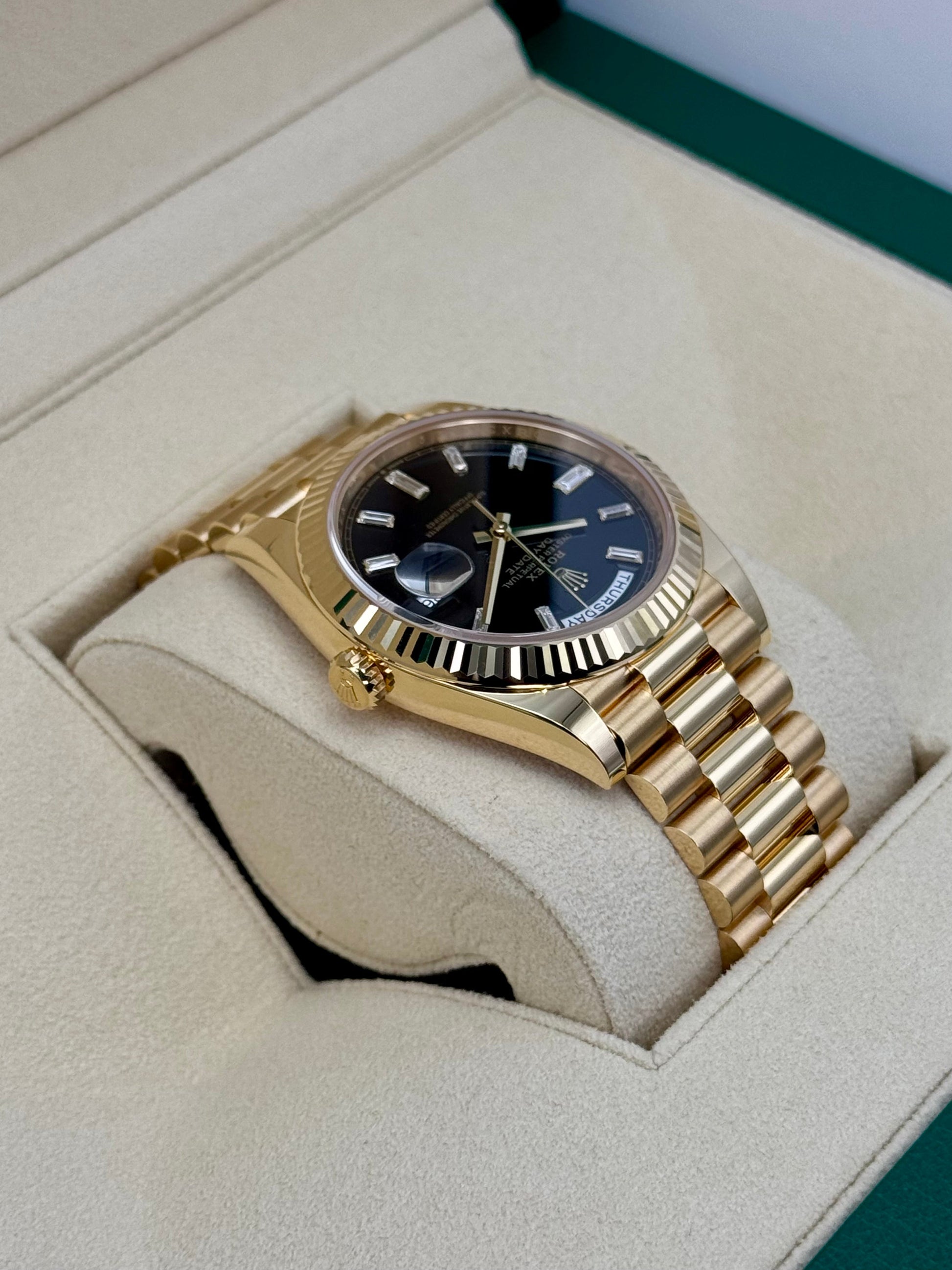 NEW 2024 Rolex Day-Date 40mm 228238 Black Diamond Baguette Dial - MyWatchLLC