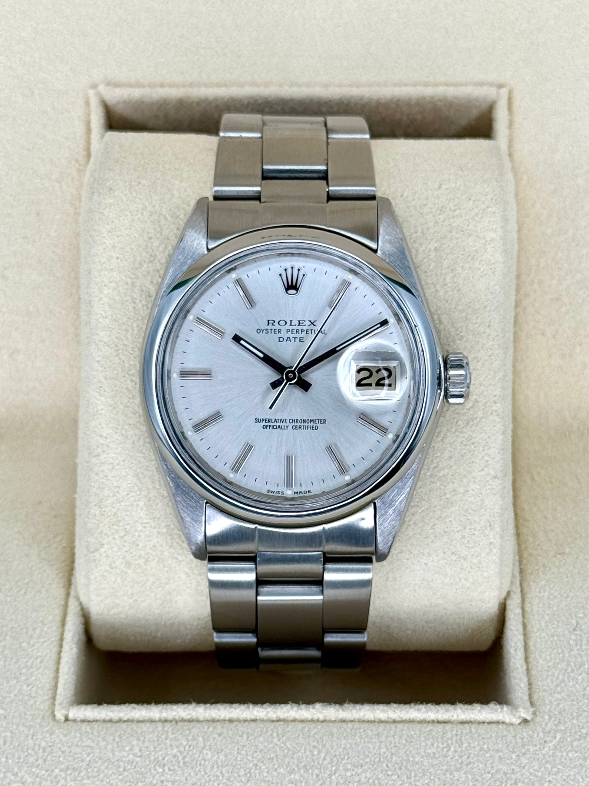 1983 Rolex Oyster Perpetual Date 34mm 1500 Stainless Steel Silver Dial - MyWatchLLC
