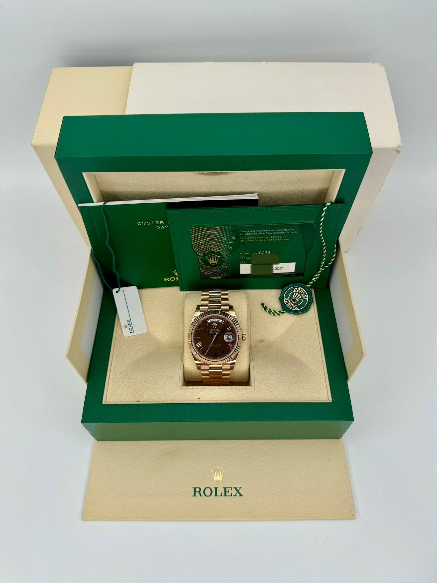 2021 Rolex Day-Date 40mm 228235 Presidential Rose Gold Chocolate Dial - MyWatchLLC