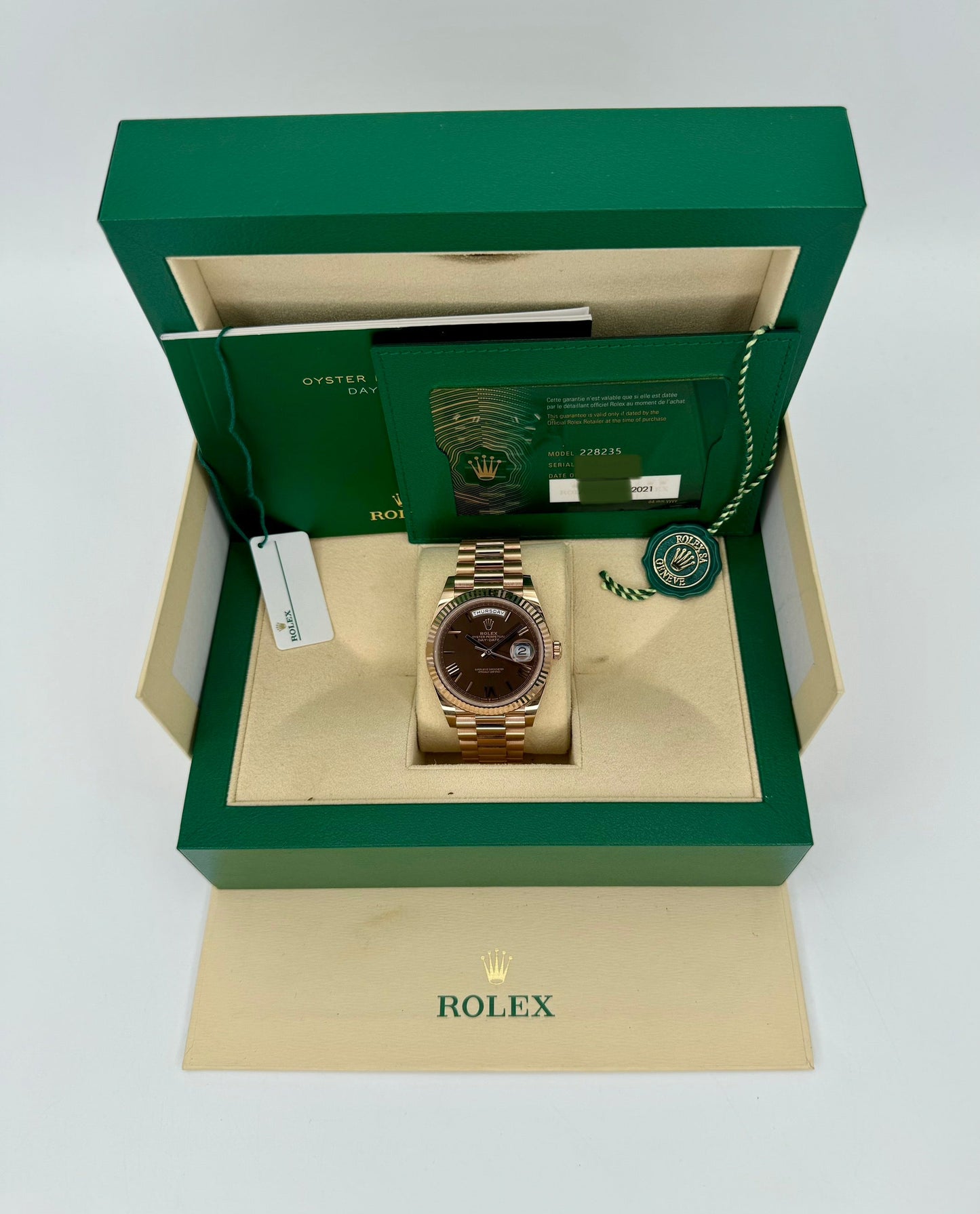 2021 Rolex Day-Date 40mm 228235 Presidential Rose Gold Chocolate Dial - MyWatchLLC