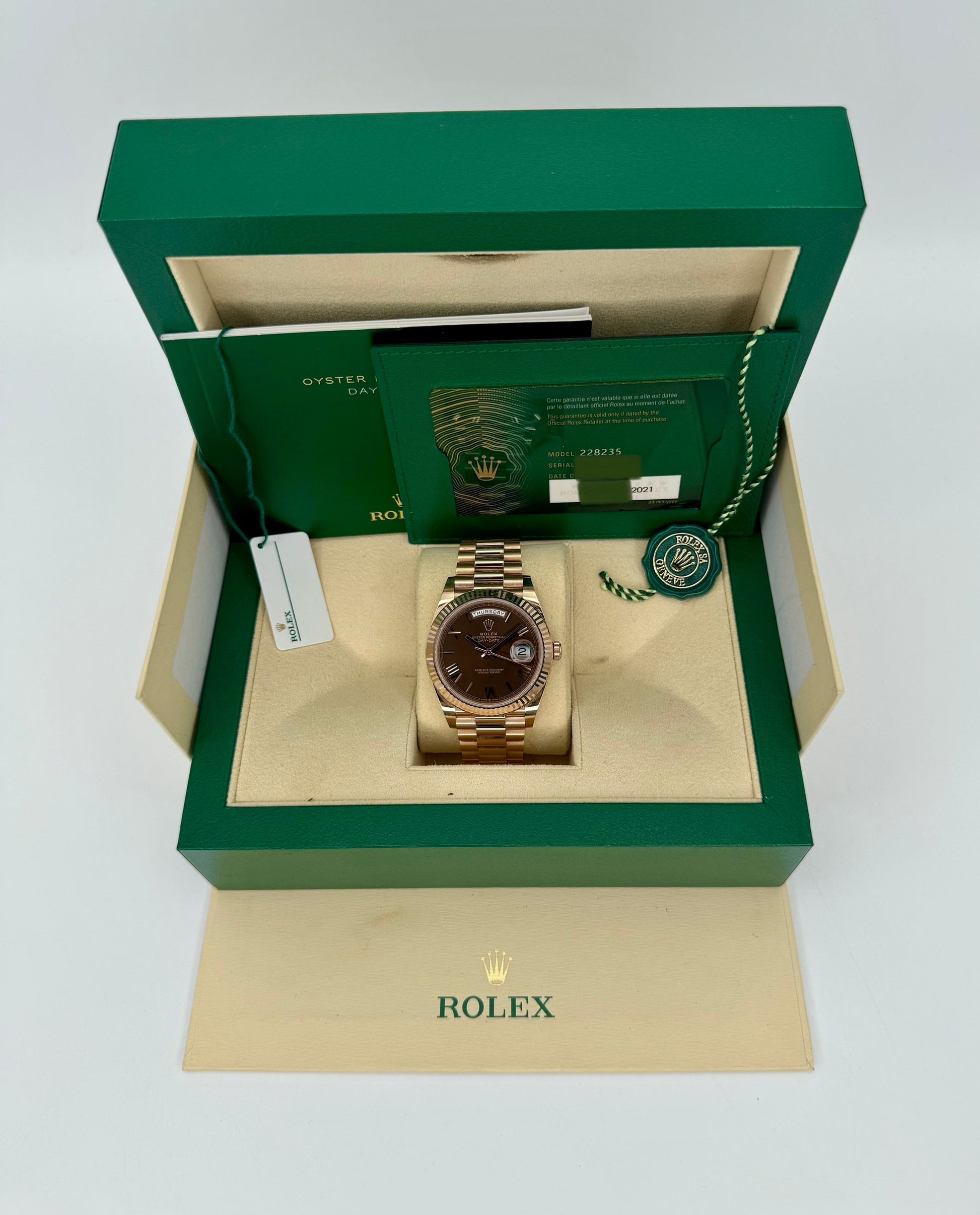 2021 Rolex Day-Date 40mm 228235 Presidential Rose Gold Chocolate Dial - MyWatchLLC