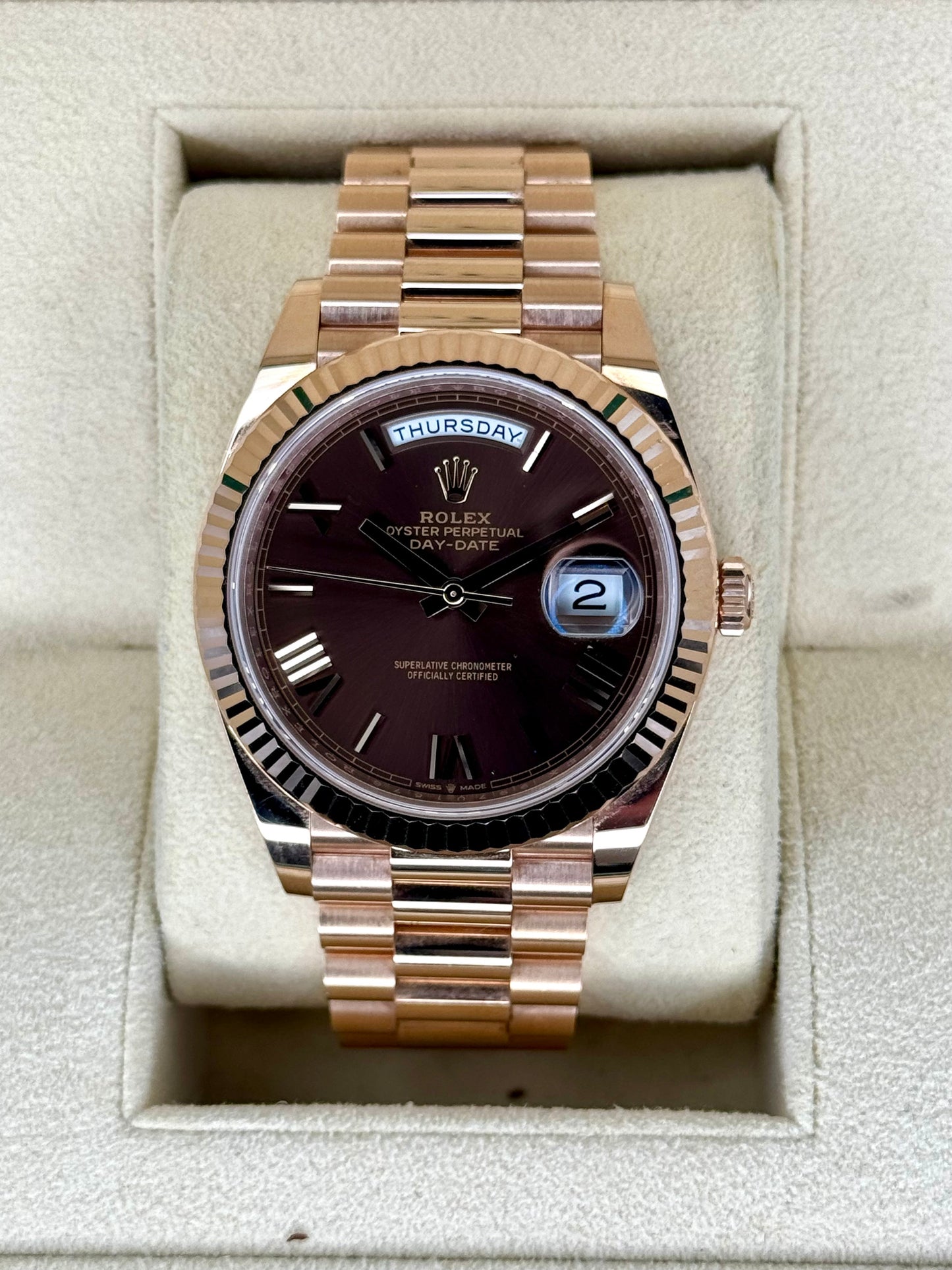 2021 Rolex Day-Date 40mm 228235 Presidential Rose Gold Chocolate Dial - MyWatchLLC