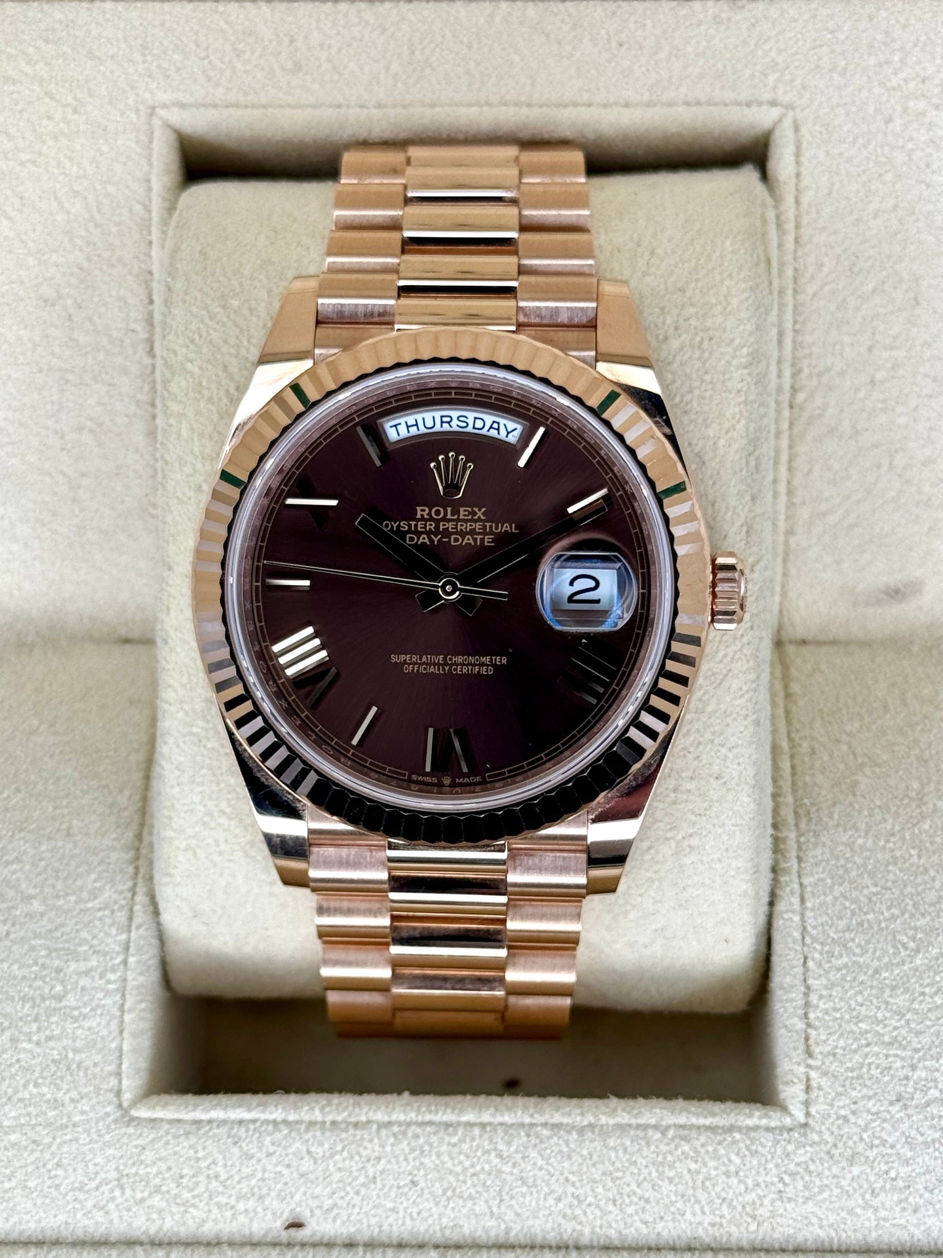 2021 Rolex Day-Date 40mm 228235 Presidential Rose Gold Chocolate Dial - MyWatchLLC