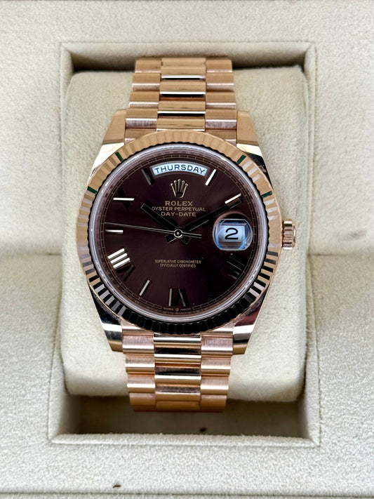 2021 Rolex Day-Date 40mm 228235 Presidential Rose Gold Chocolate Dial - MyWatchLLC