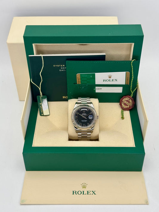 2015 Rolex Day-Date II 41mm 218239 White Gold Jubilee Black Dial - MyWatchLLC