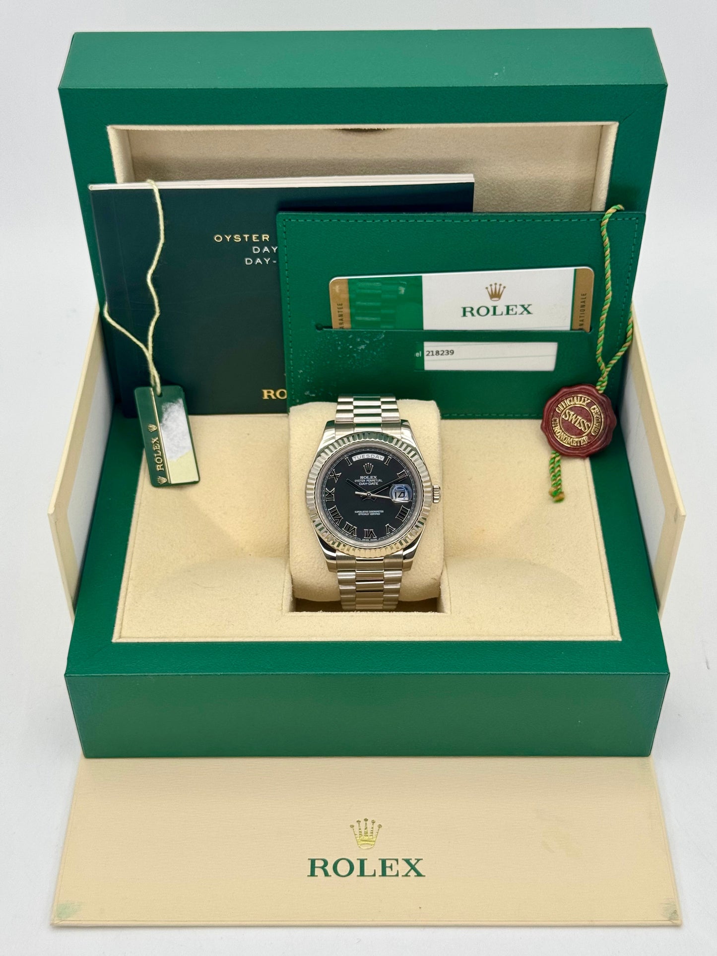 2015 Rolex Day-Date II 41mm 218239 White Gold Jubilee Black Dial - MyWatchLLC