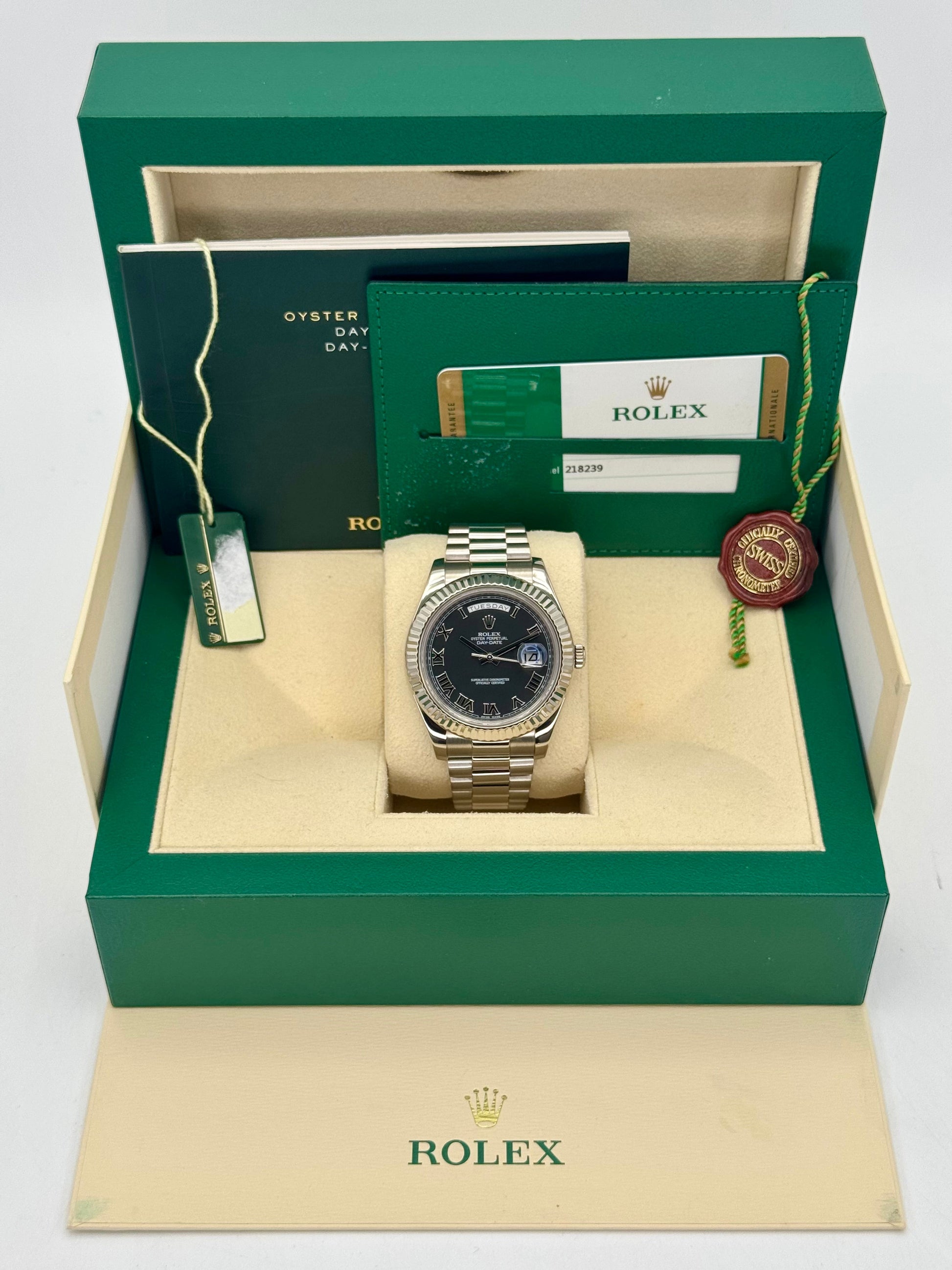 2015 Rolex Day-Date II 41mm 218239 White Gold Jubilee Black Dial - MyWatchLLC