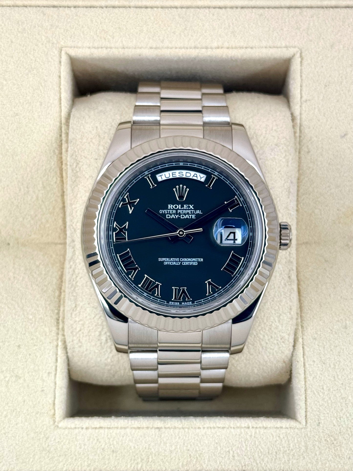 2015 Rolex Day-Date II 41mm 218239 White Gold Jubilee Black Dial - MyWatchLLC