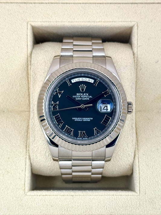 2015 Rolex Day-Date II 41mm 218239 White Gold Jubilee Black Dial - MyWatchLLC