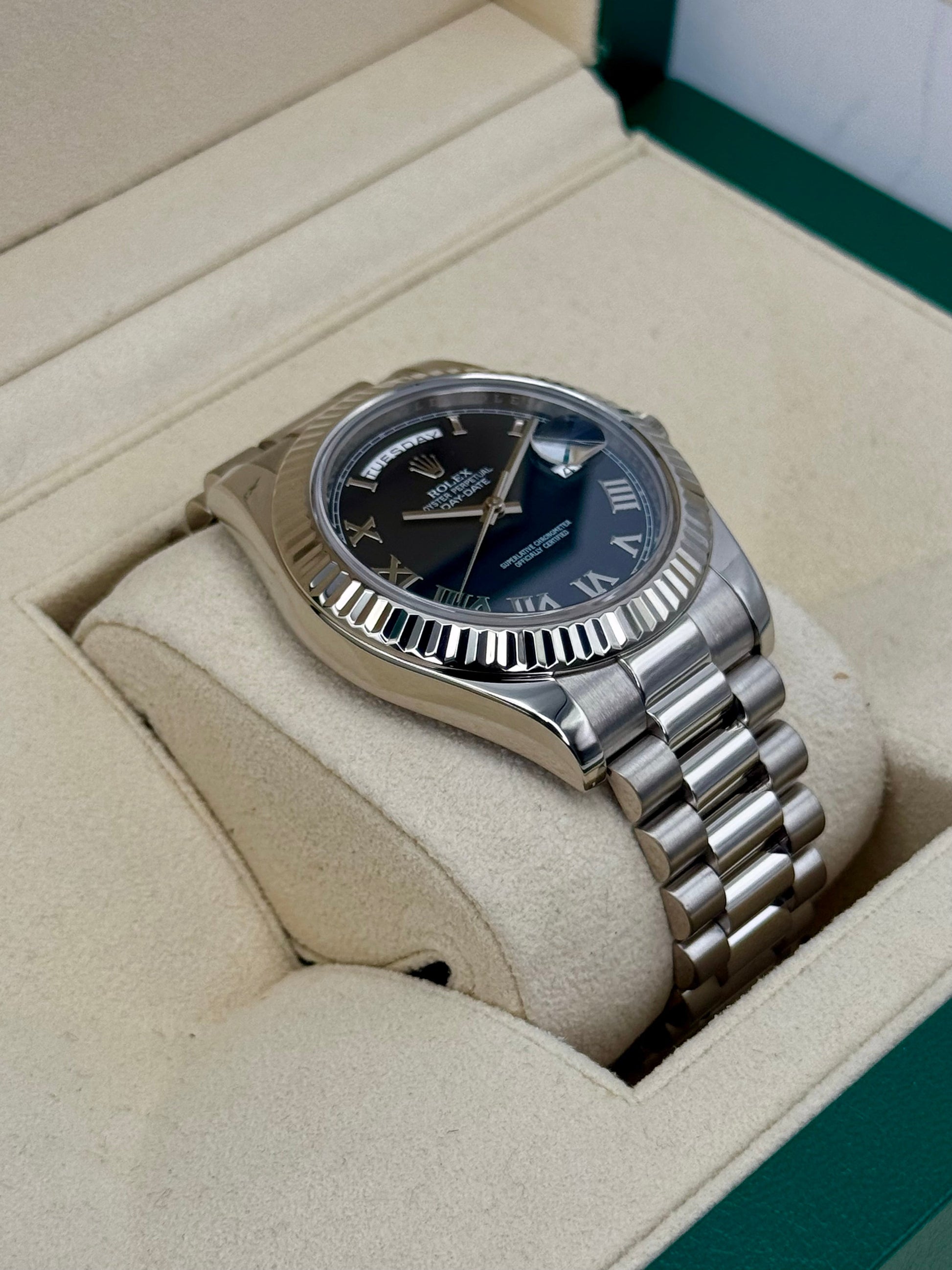 2015 Rolex Day-Date II 41mm 218239 White Gold Jubilee Black Dial - MyWatchLLC