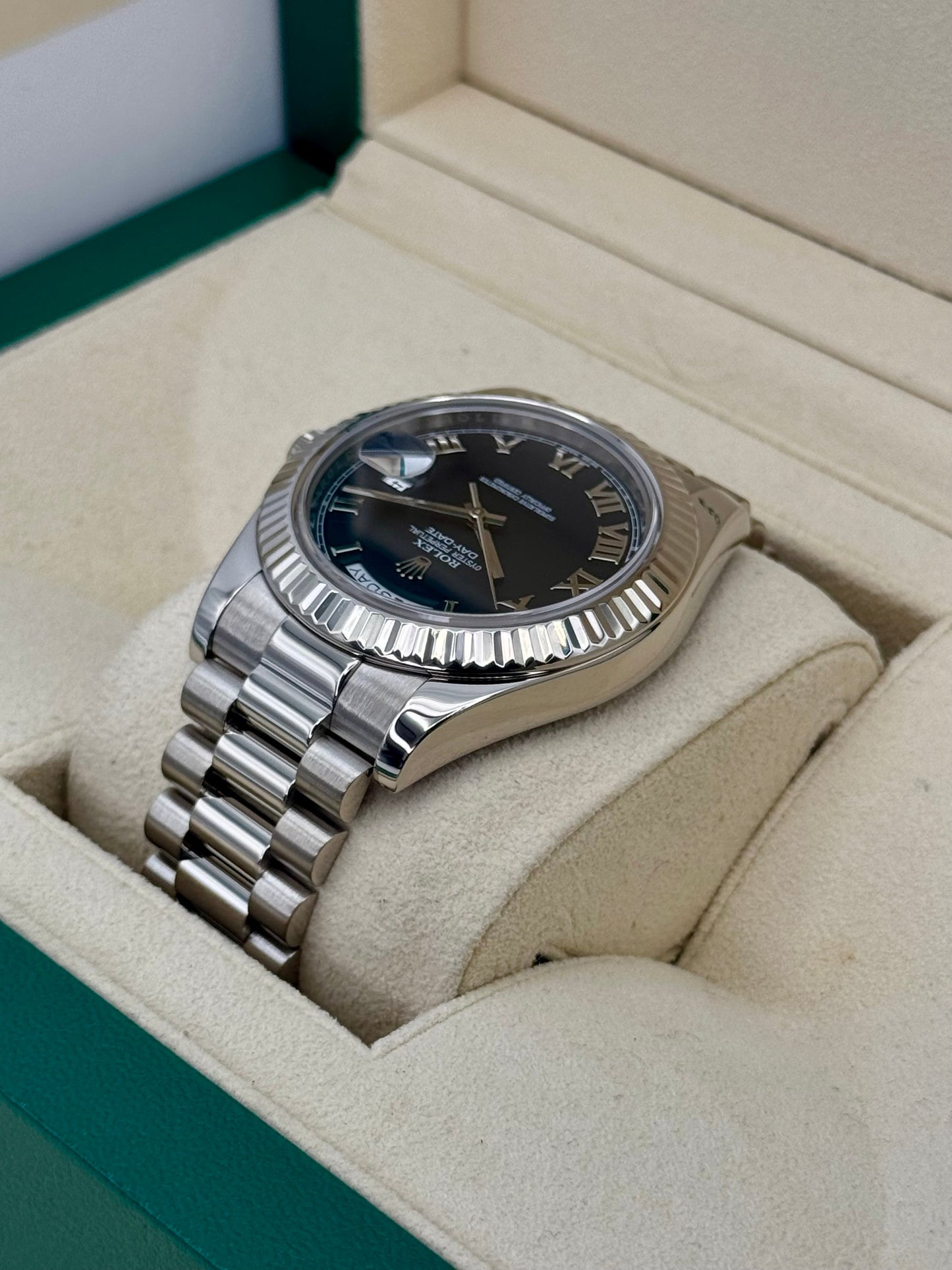 2015 Rolex Day-Date II 41mm 218239 White Gold Jubilee Black Dial - MyWatchLLC