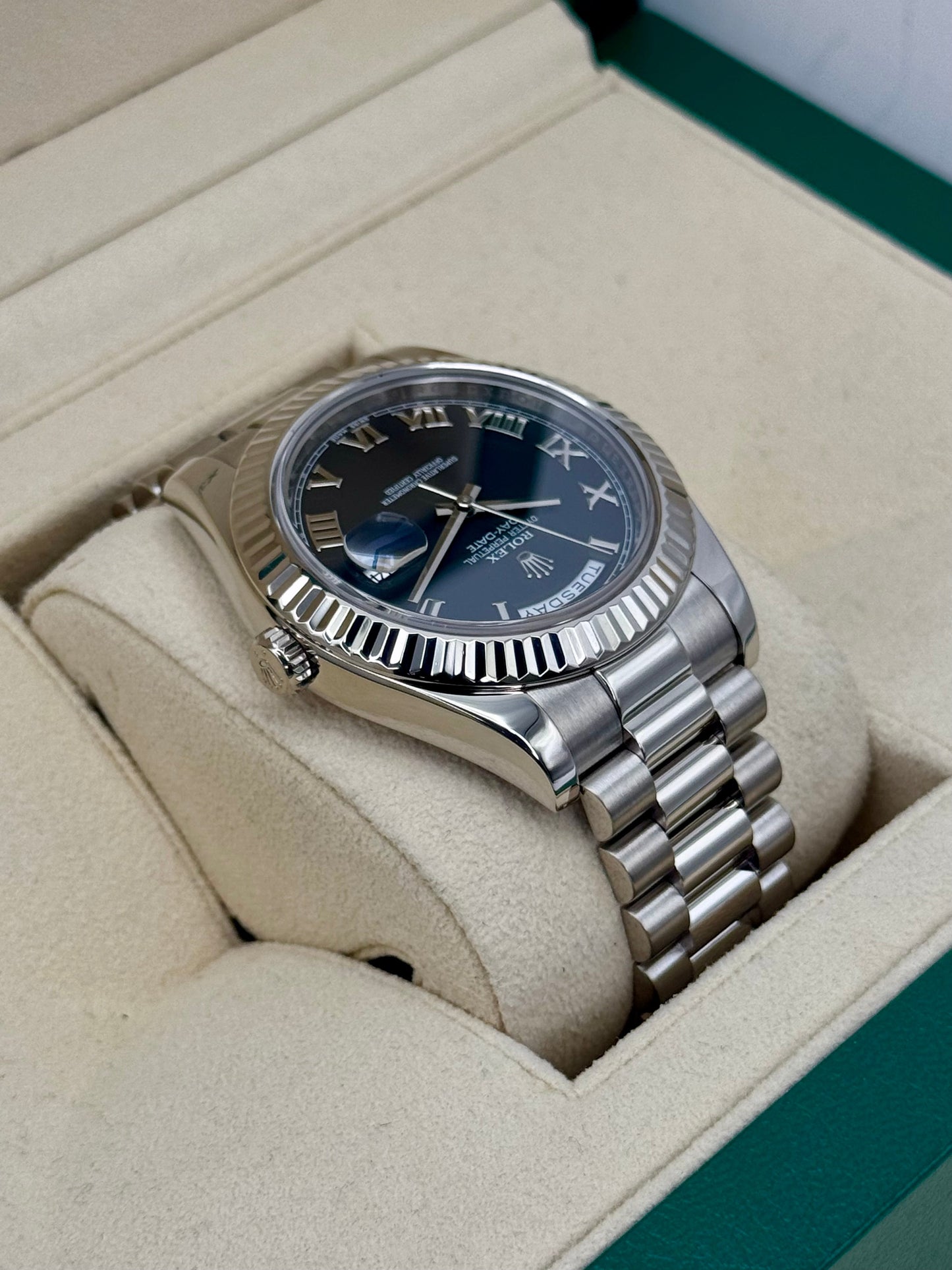 2015 Rolex Day-Date II 41mm 218239 White Gold Jubilee Black Dial - MyWatchLLC