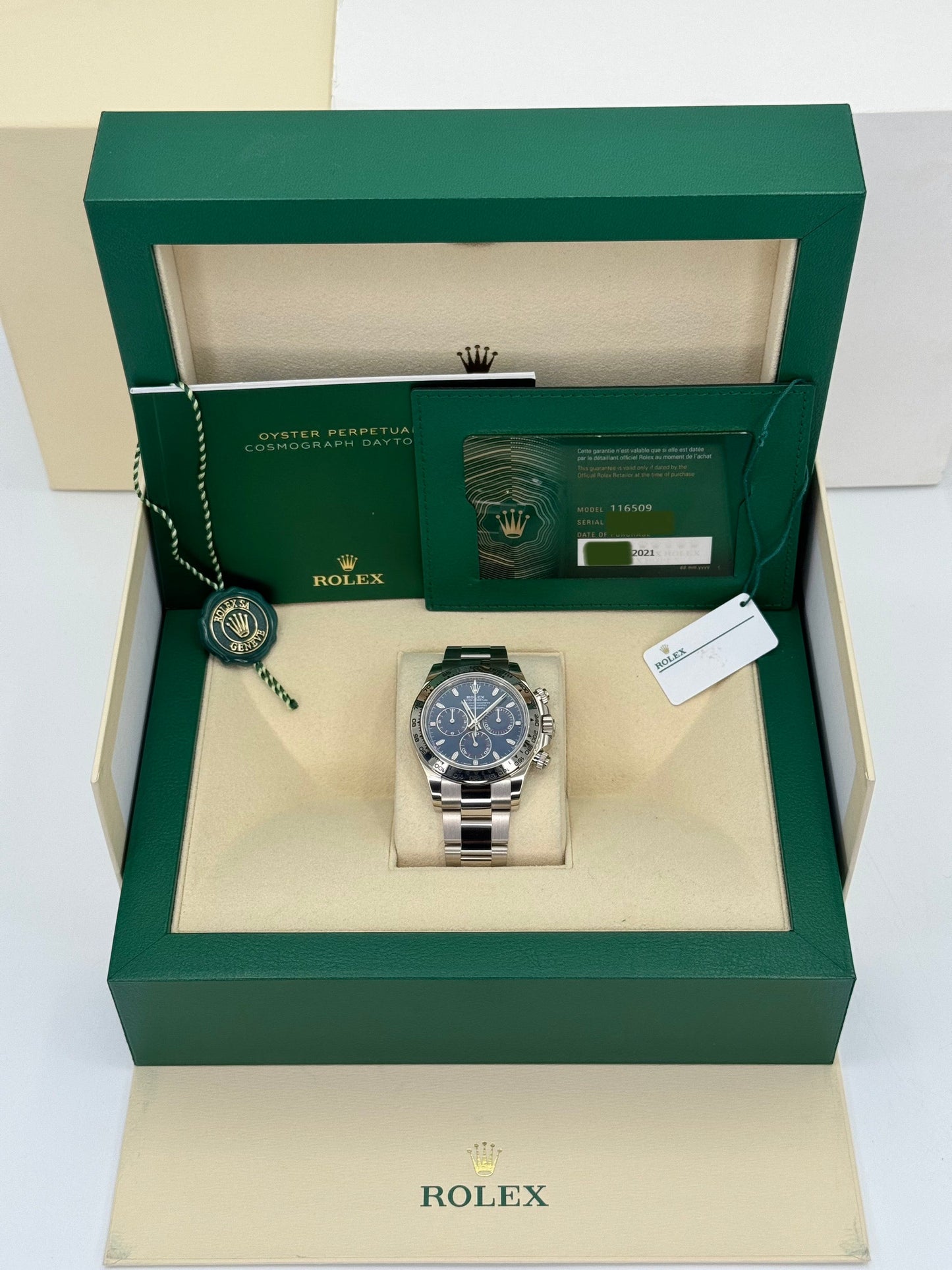 2021 Rolex Daytona 40mm 116509 White Gold Blue Dial - MyWatchLLC