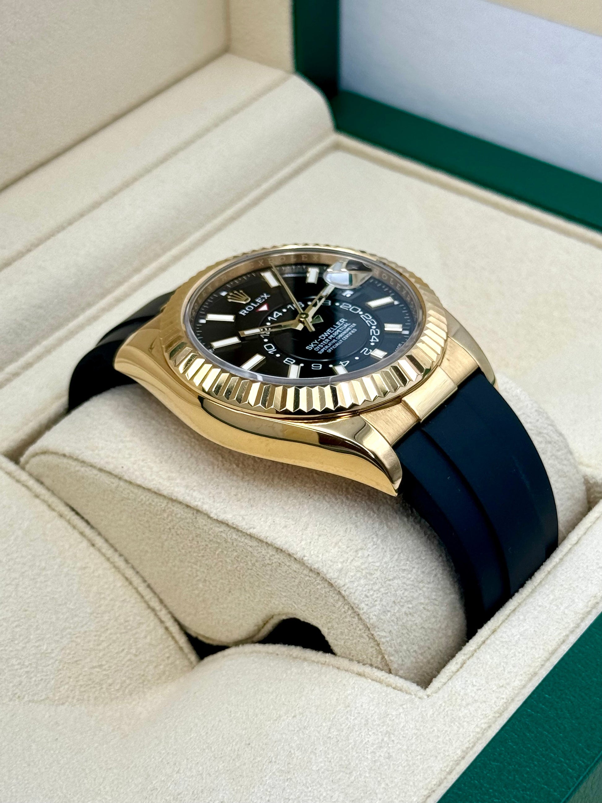 2022 Rolex Sky-Dweller 42mm 326238 Yellow Gold Oysterflex Black Dial - MyWatchLLC