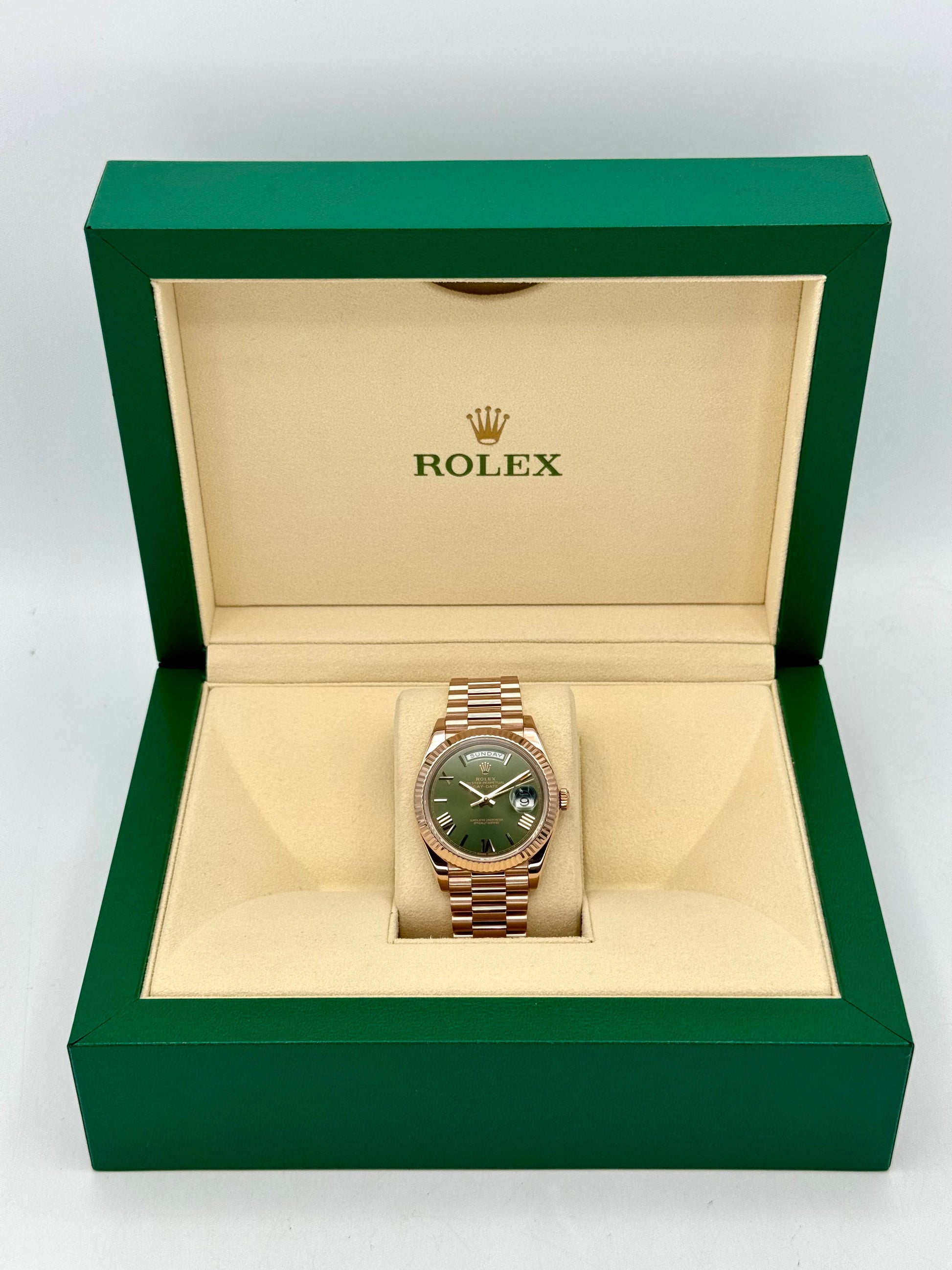 2019 Rolex Day-Date 40mm 228235 Presidential Rose Gold Olive Dial - MyWatchLLC