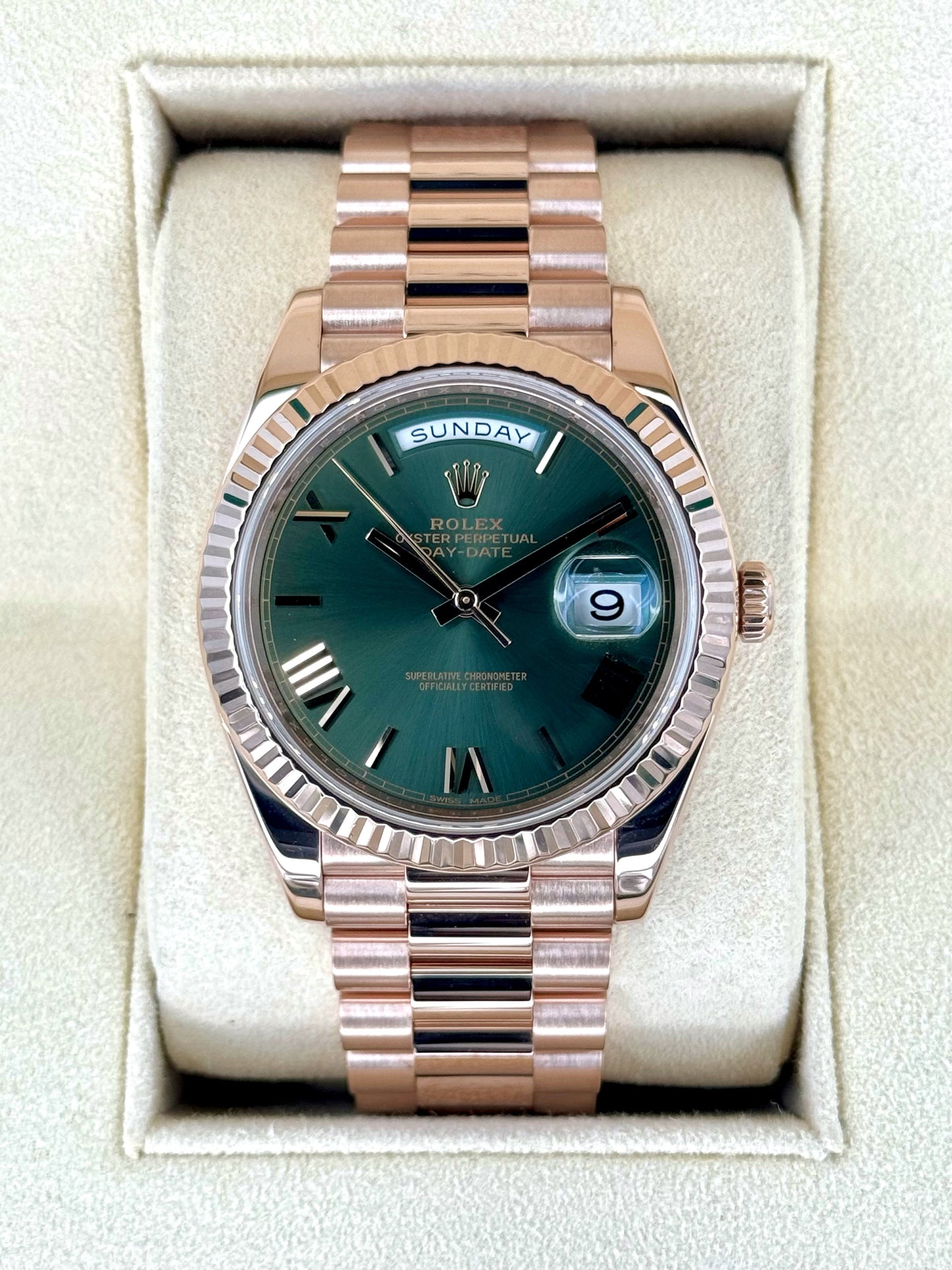 2019 Rolex Day-Date 40mm 228235 Presidential Rose Gold Olive Dial - MyWatchLLC
