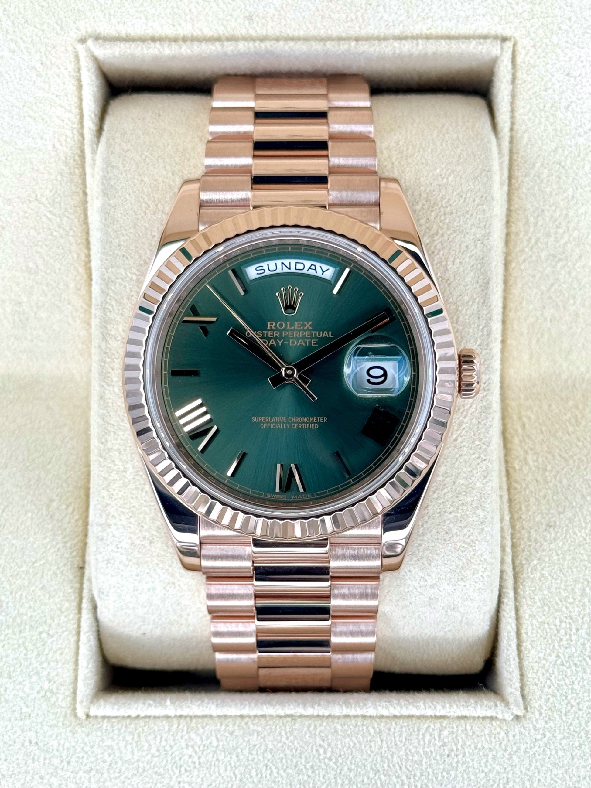 2019 Rolex Day-Date 40mm 228235 Presidential Rose Gold Olive Dial - MyWatchLLC