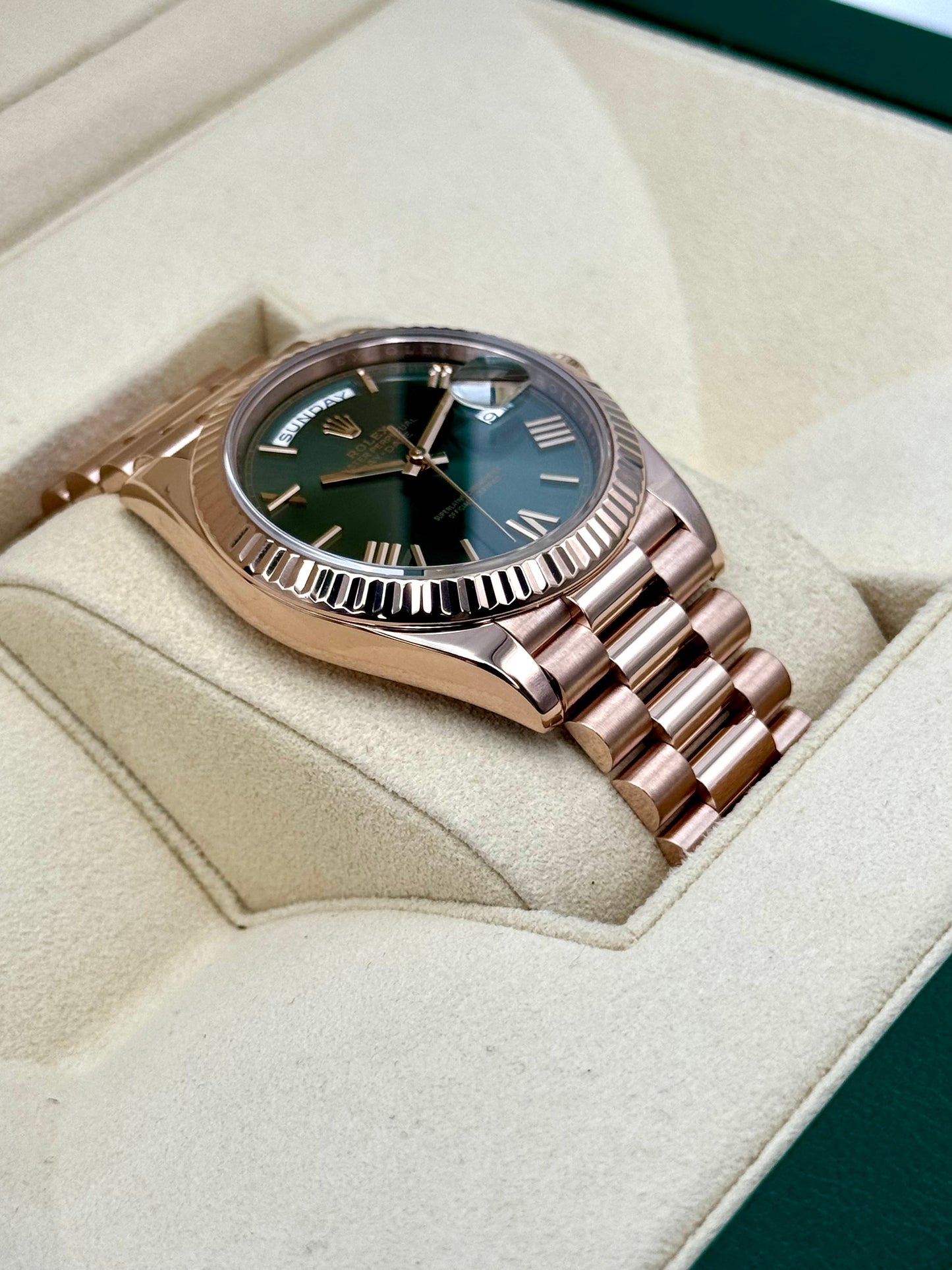 2019 Rolex Day-Date 40mm 228235 Presidential Rose Gold Olive Dial - MyWatchLLC