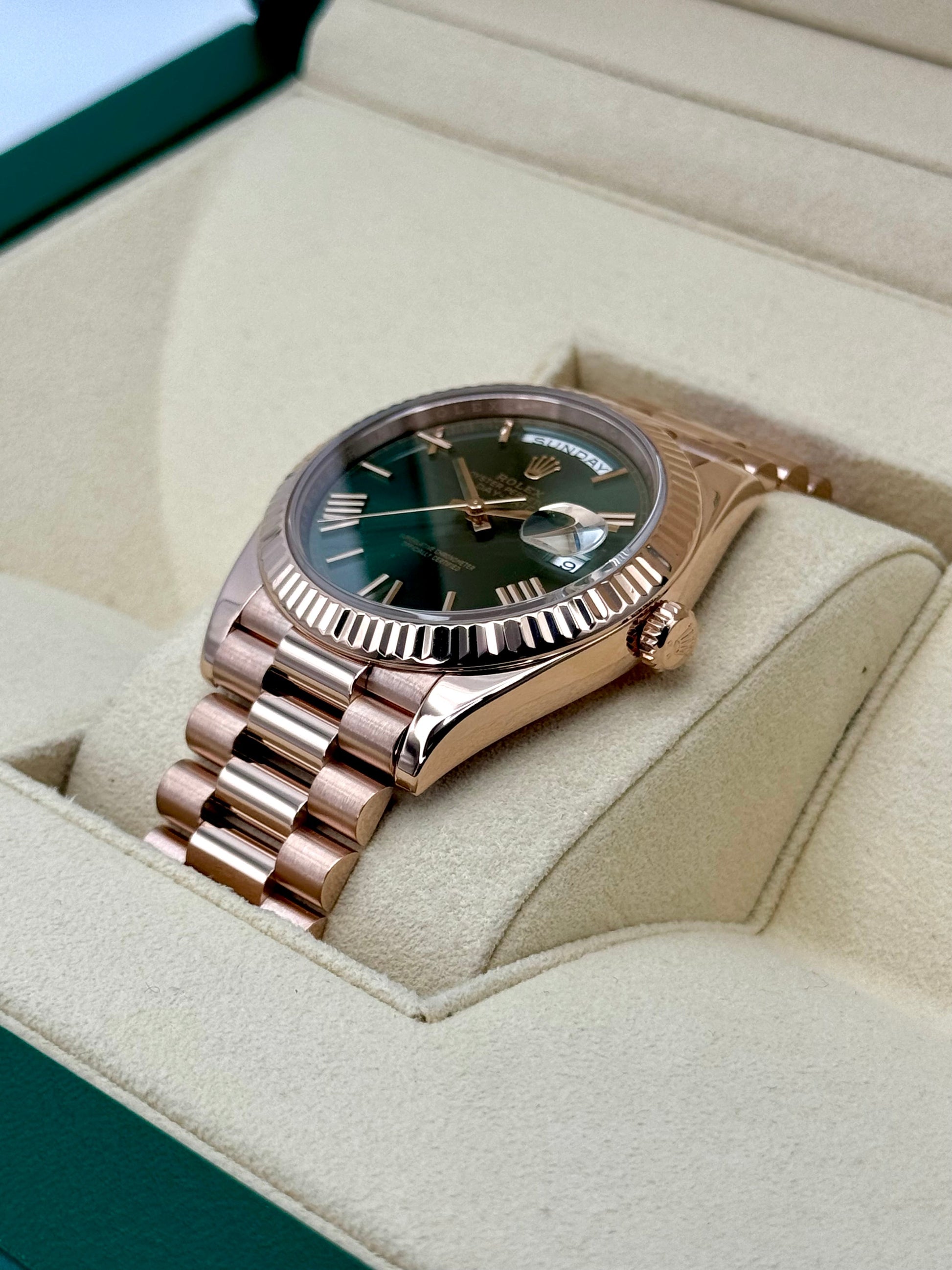 2019 Rolex Day-Date 40mm 228235 Presidential Rose Gold Olive Dial - MyWatchLLC