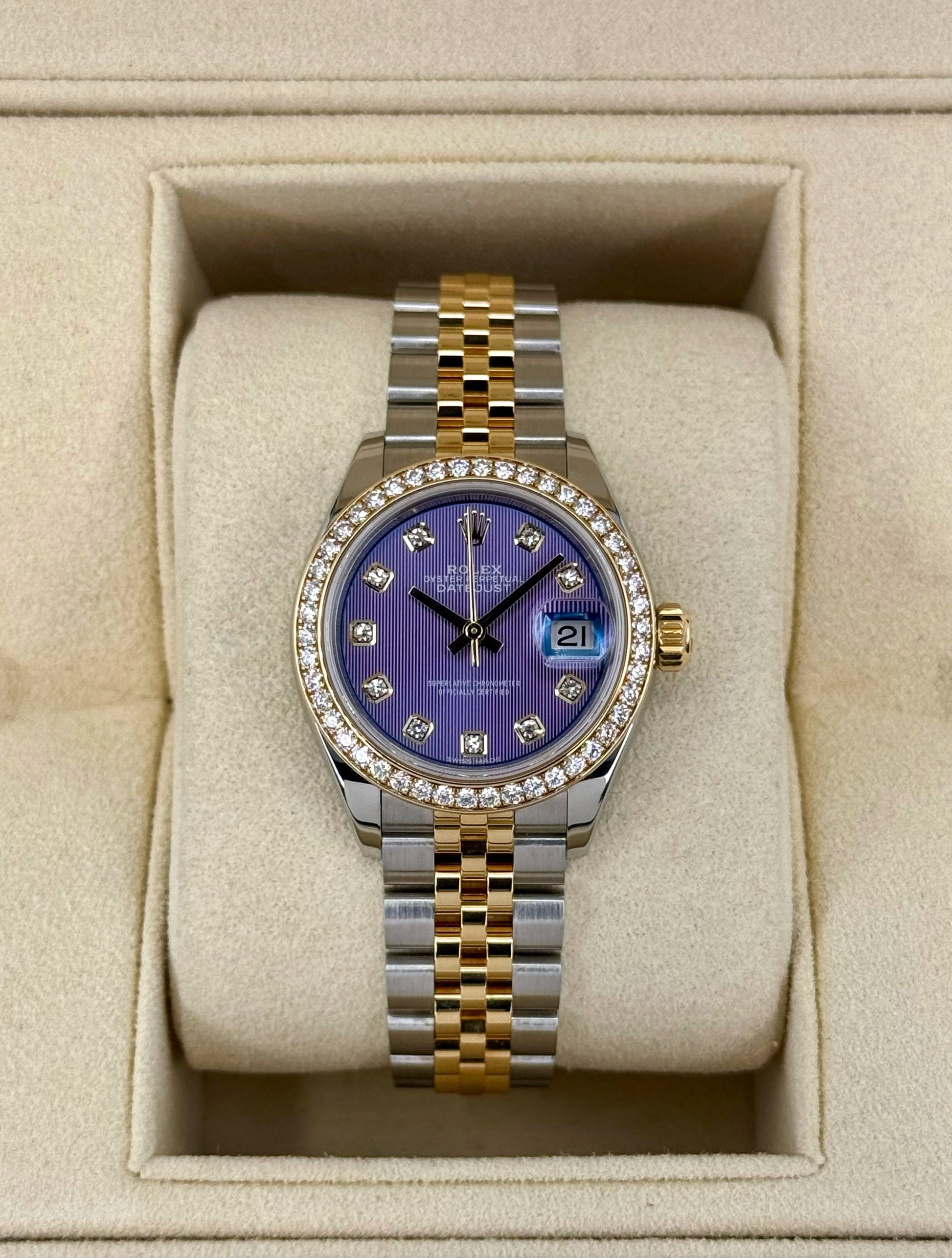 2018 Lady-Datejust 28mm 279383RBR Lavender Stripe Motif Diamond Dial - MyWatchLLC