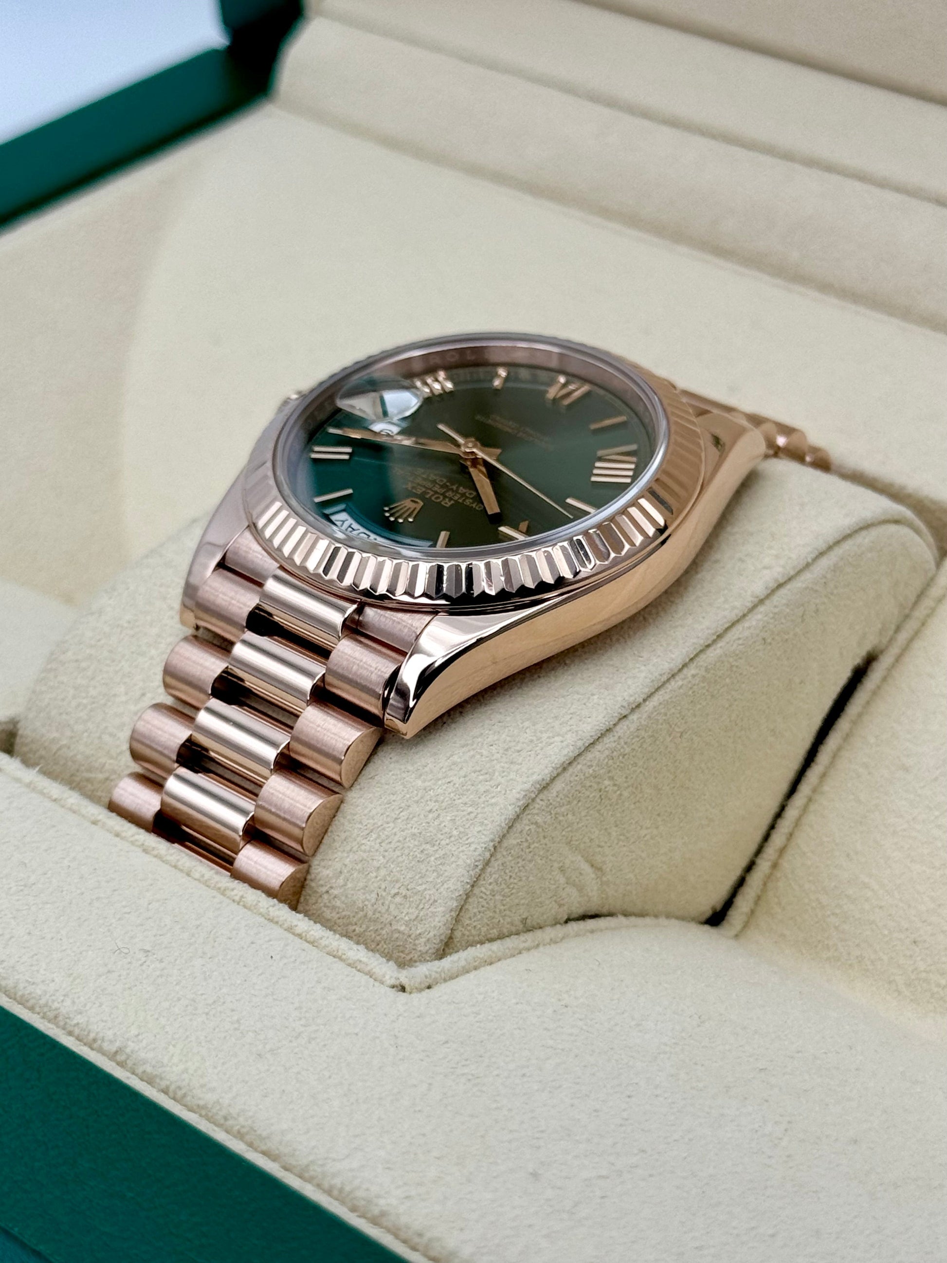 2019 Rolex Day-Date 40mm 228235 Presidential Rose Gold Olive Dial - MyWatchLLC