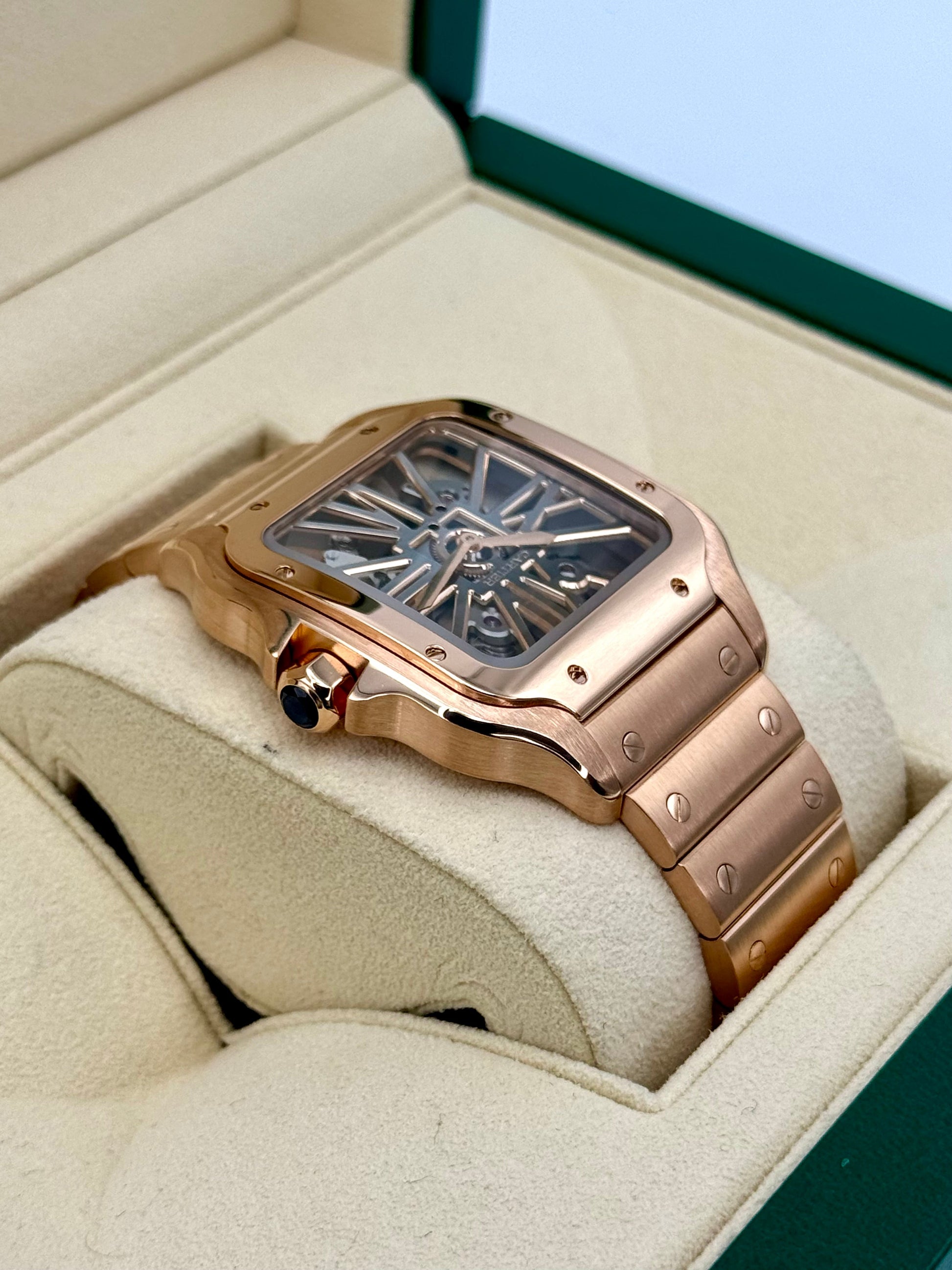 2020 Santos De Cartier 39.8mm WHSA0016 Rose Gold Skeleton Dial - MyWatchLLC