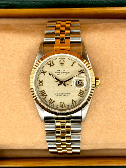 1995 Rolex Datejust 36mm 16233 Two-Tone White Pyramid Dial - MyWatchLLC
