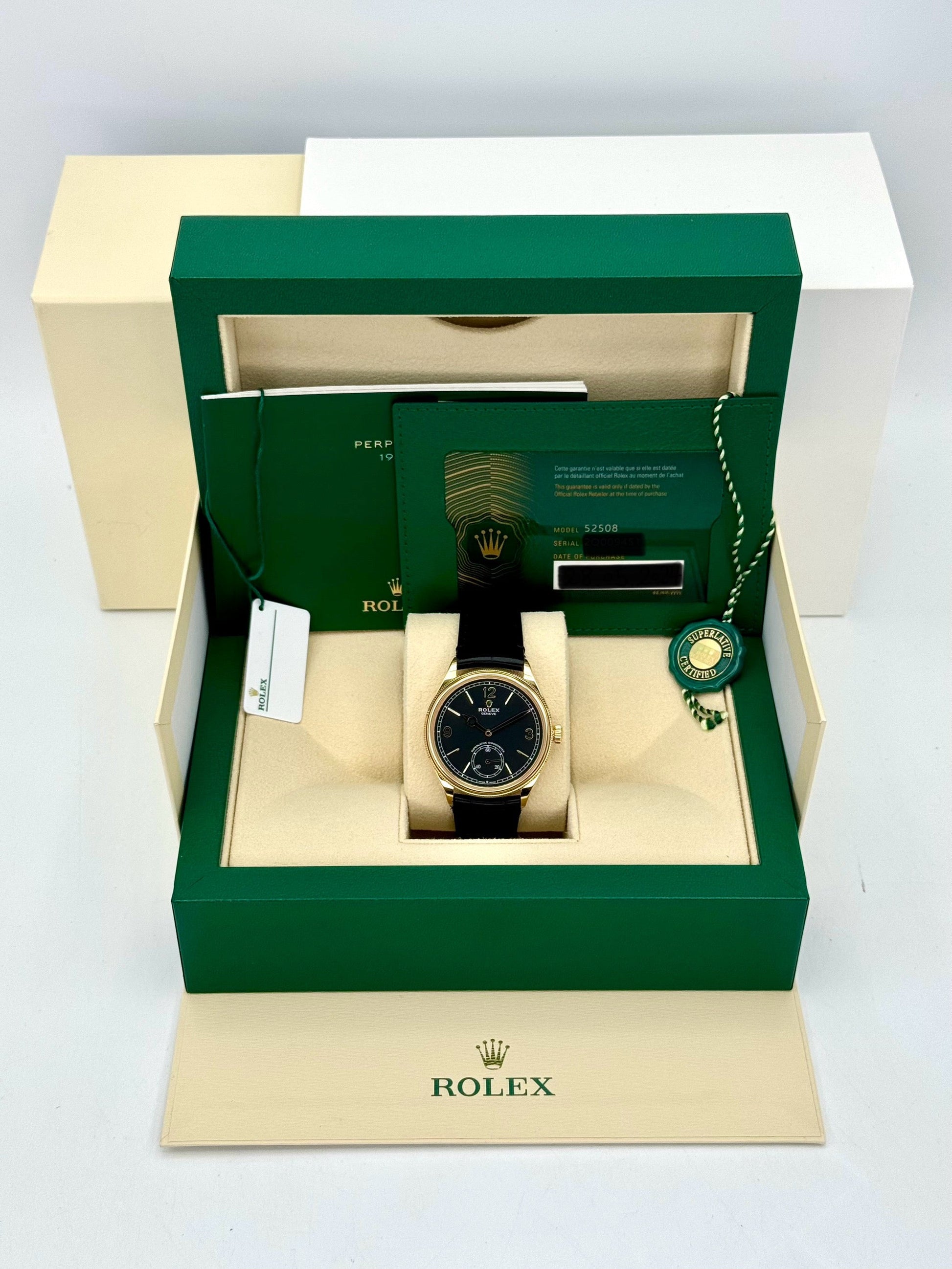 NEW 2024 Rolex 1908 39mm 52508 Yellow Gold Black Dial - MyWatchLLC