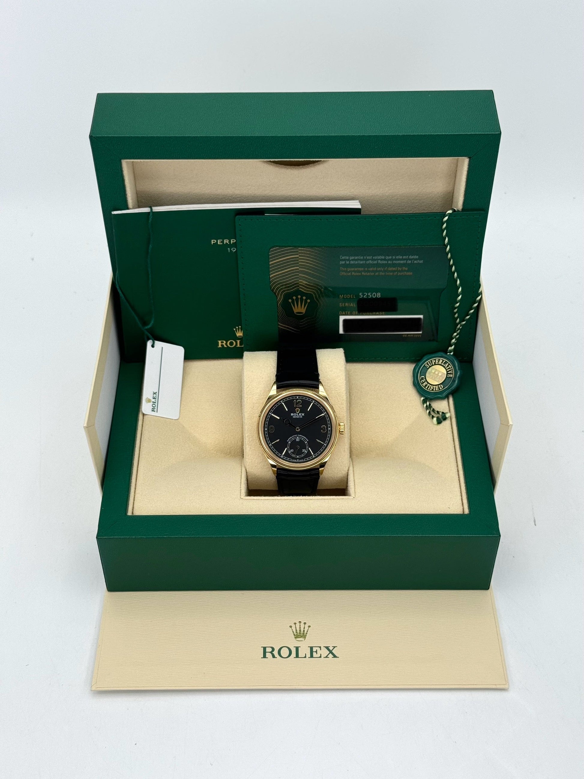 NEW 2024 Rolex 1908 39mm 52508 Yellow Gold Black Dial - MyWatchLLC