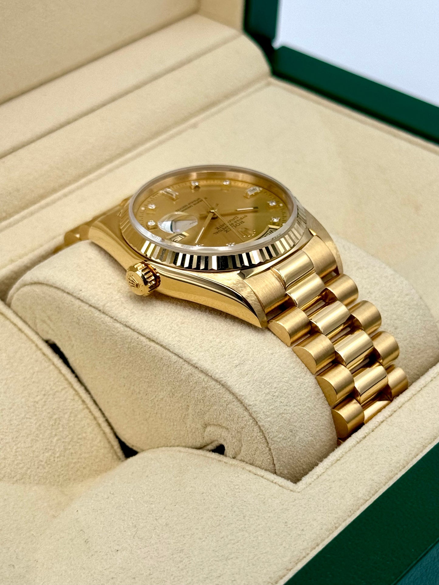 1987 Rolex Day-Date 36mm 18038 Presidential Champagne Diamond Dial - MyWatchLLC