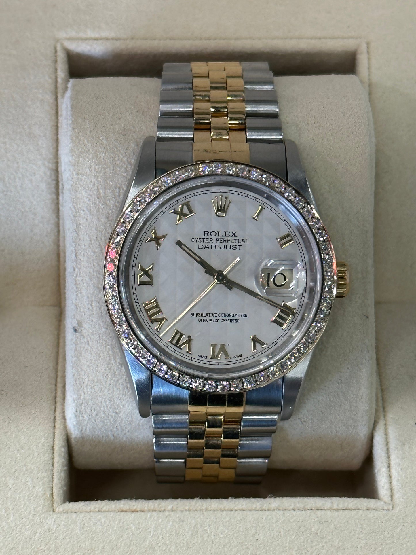 Rolex Datejust 36mm 16233 Two-Tone White Pyramid Roman Numeral Dial - MyWatchLLC